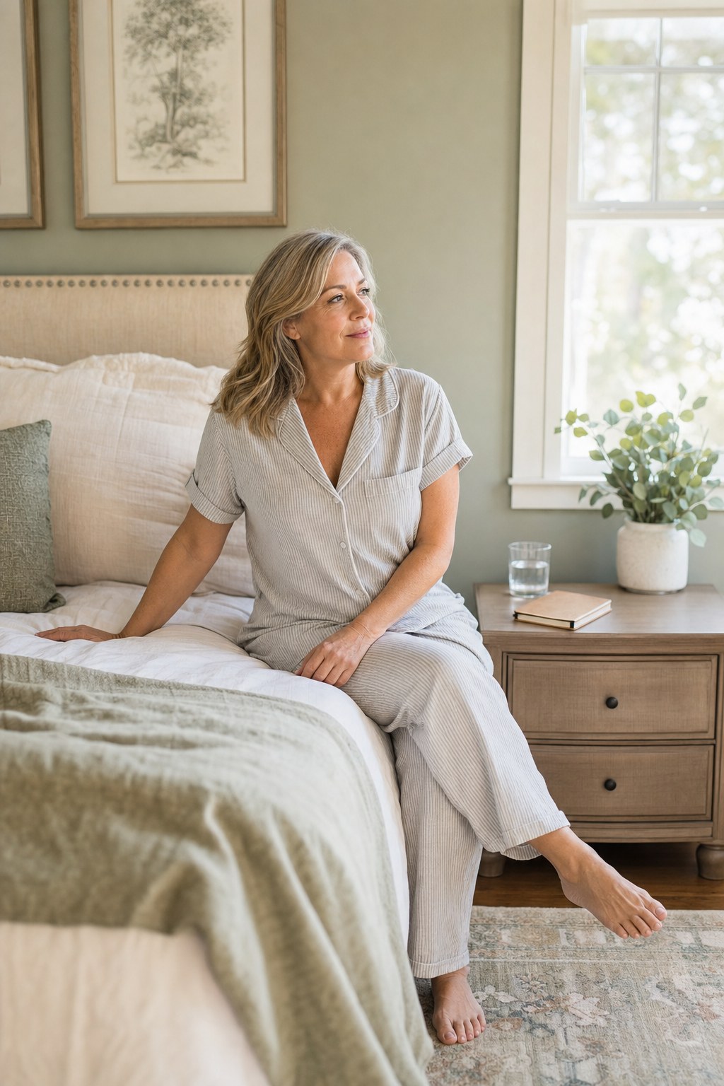 A woman in a calm bedroom reflecting on her health and well-being