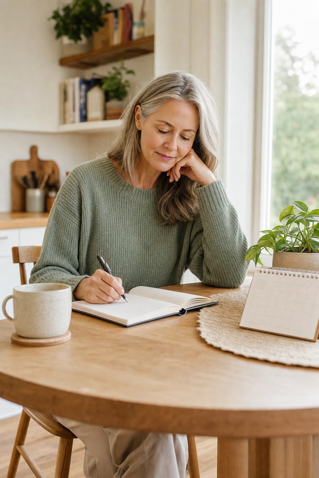 A woman writing notes at her kitchen table before a health visit