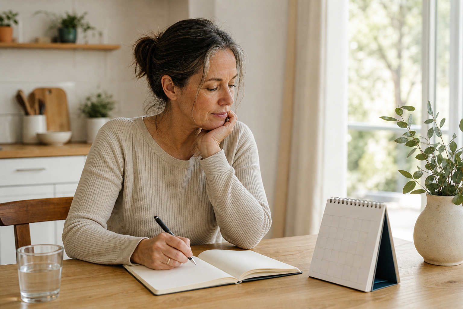 A woman preparing notes at a kitchen table before a health visit