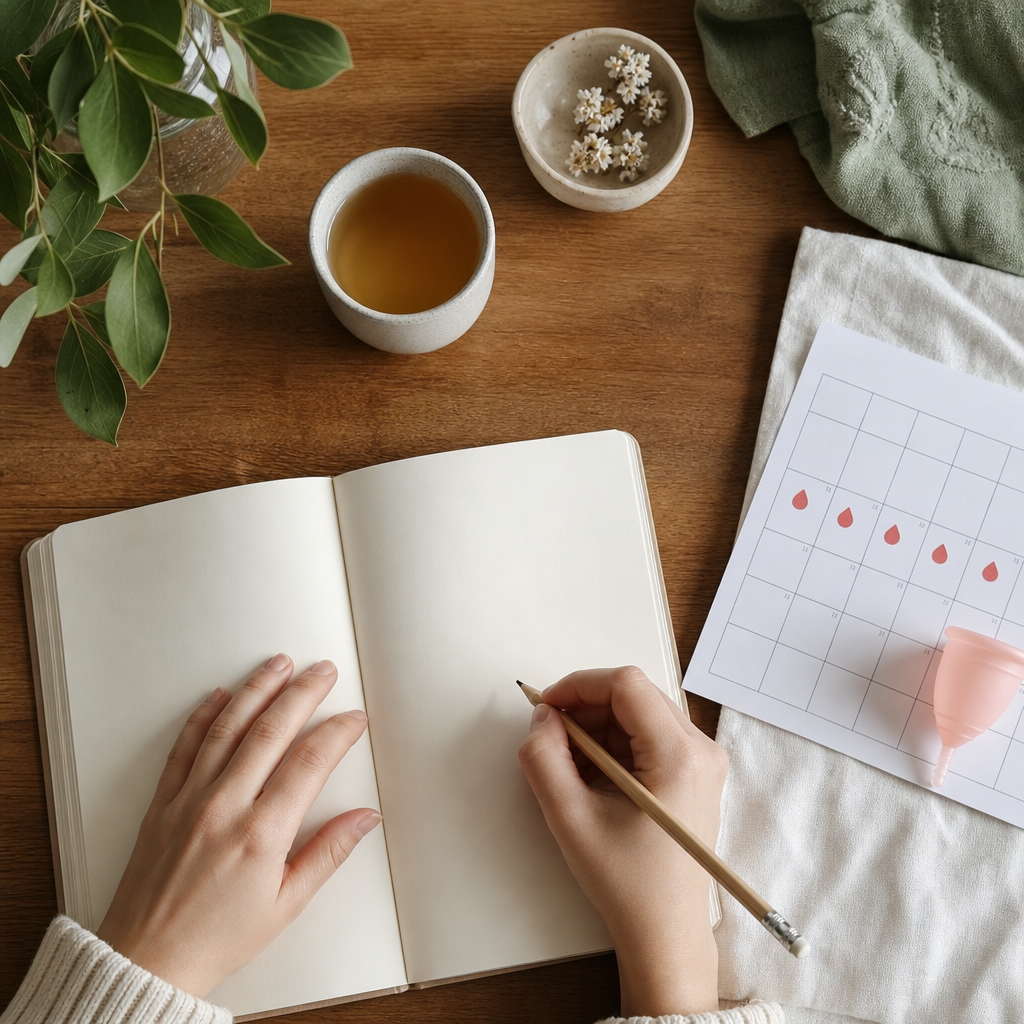 Hands making notes beside a menstrual cycle calendar