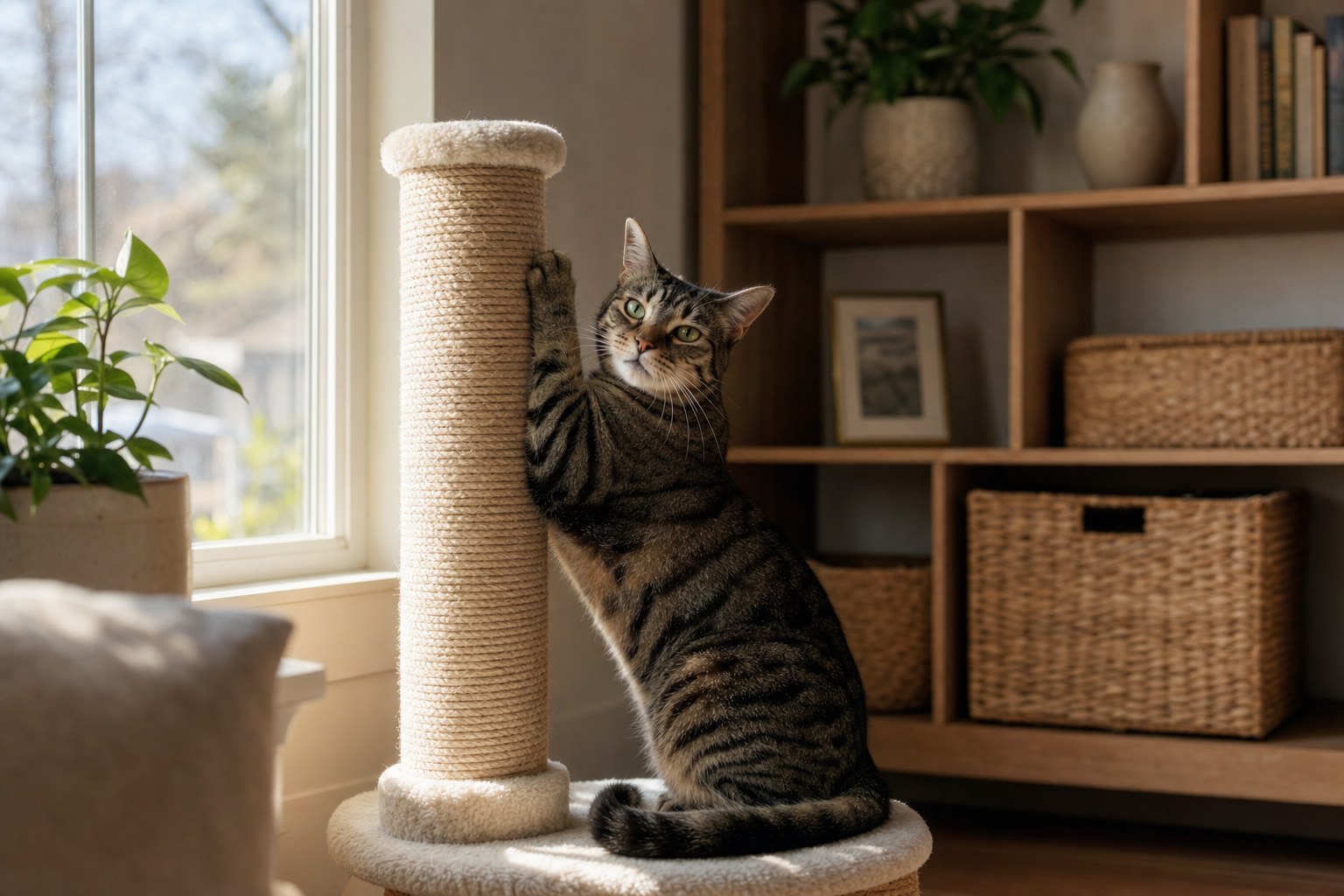 Tabby cat using a tall sisal scratching post beside a window