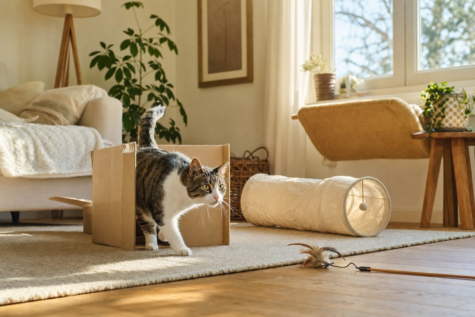 Indoor cat exploring a cardboard box and tunnel in a sunny living room