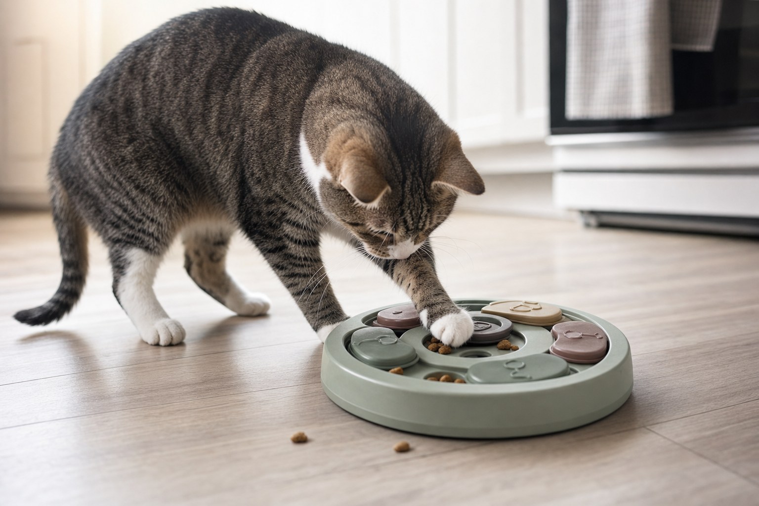 Cat exploring a simple food puzzle on a kitchen floor