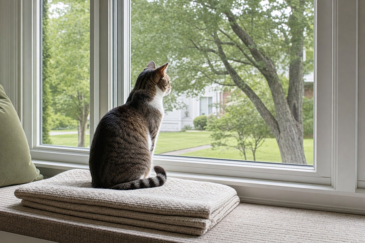 Cat sitting on a padded window perch and looking outside