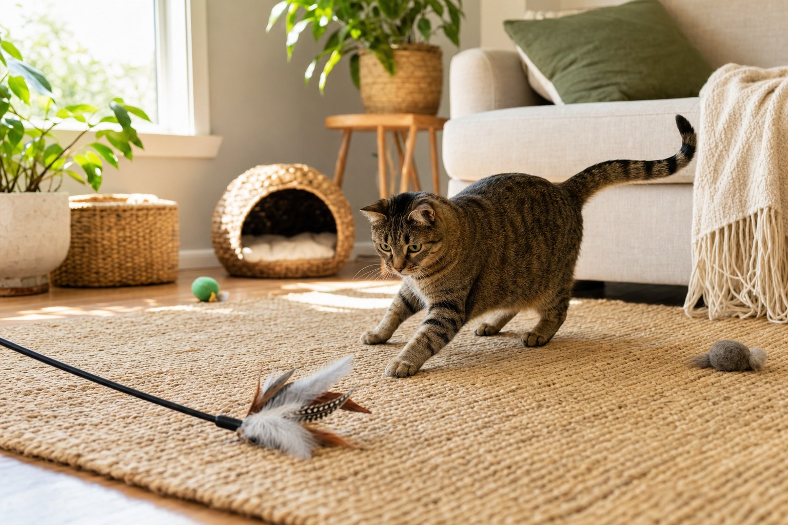 Tabby cat crouching on a living room rug beside a feather toy