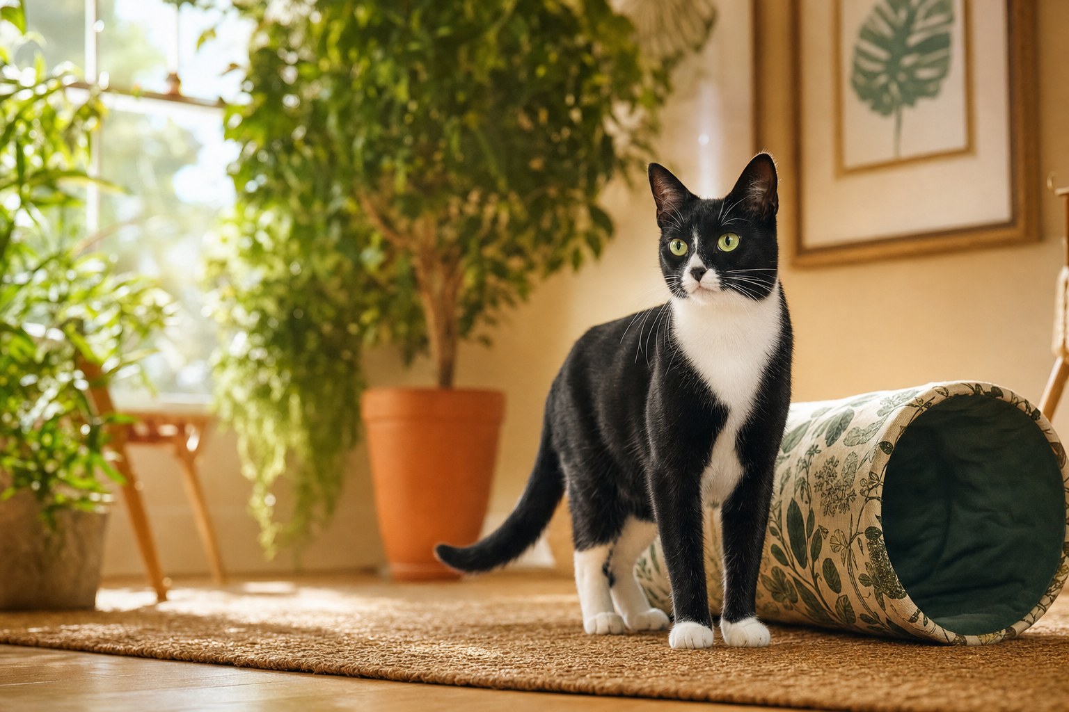 Tuxedo cat in a sunlit, plant-filled home