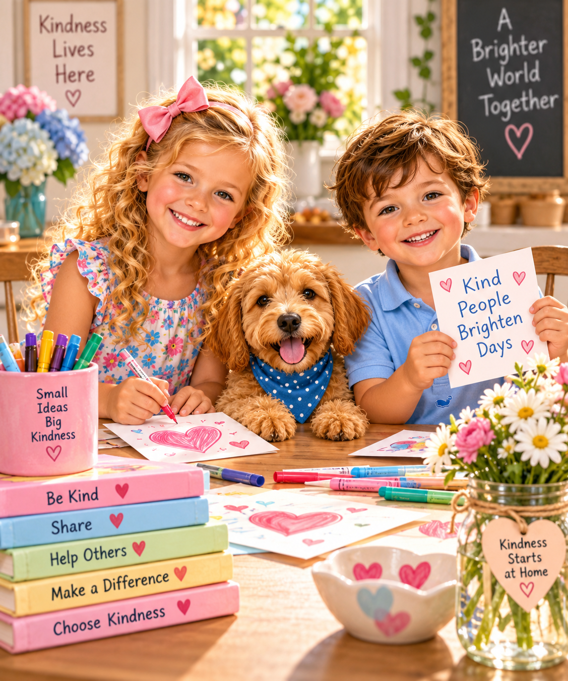 Charlotte, Lucas and Bentley making kindness notes together