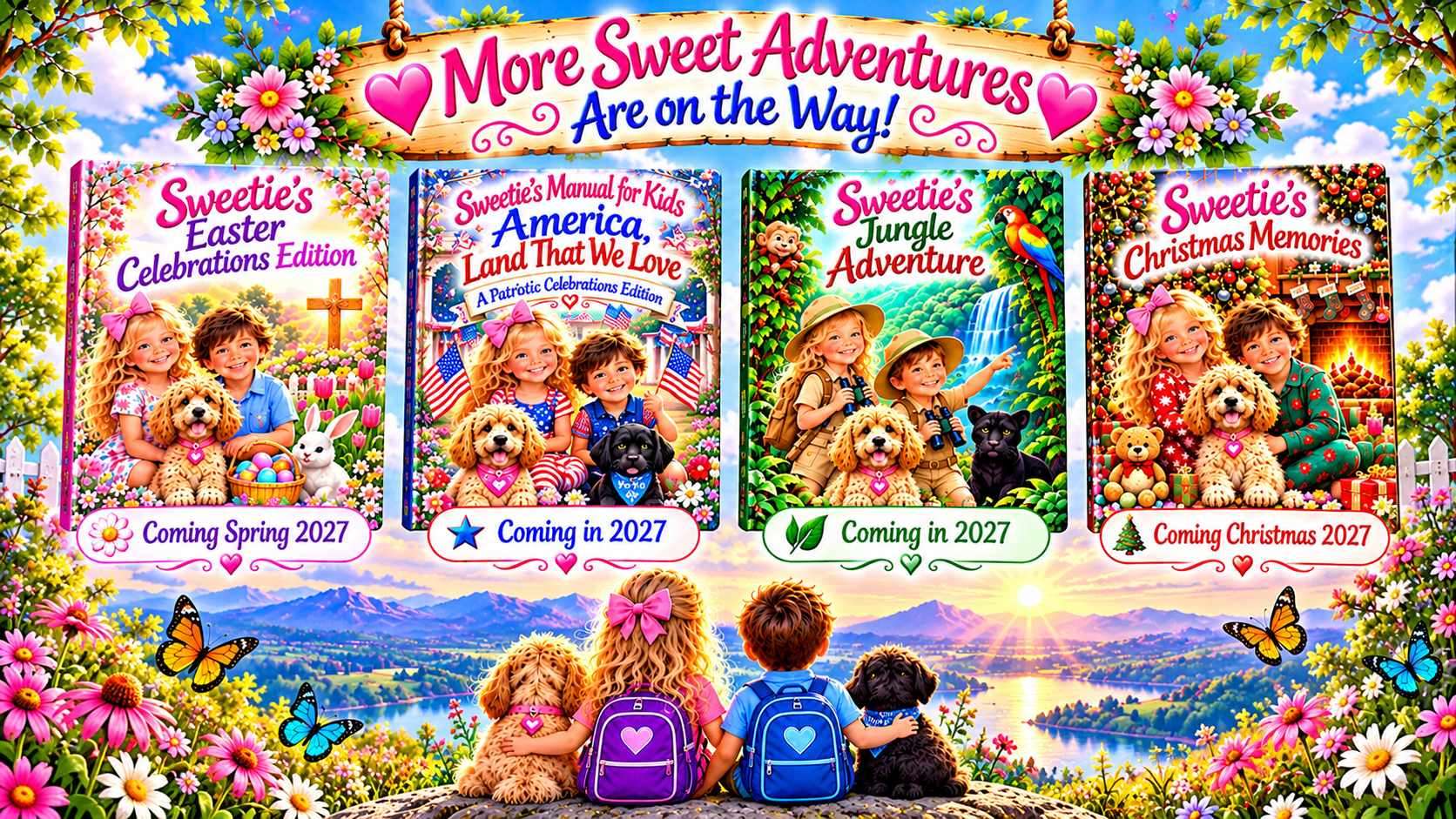 More Sweet Adventures Are on the Way! Four upcoming Sweetie’s Manual for Kids books planned for release in 2027: Easter, America, Jungle and Christmas, with Charlotte, Lucas, Bentley and Yo-Yo.