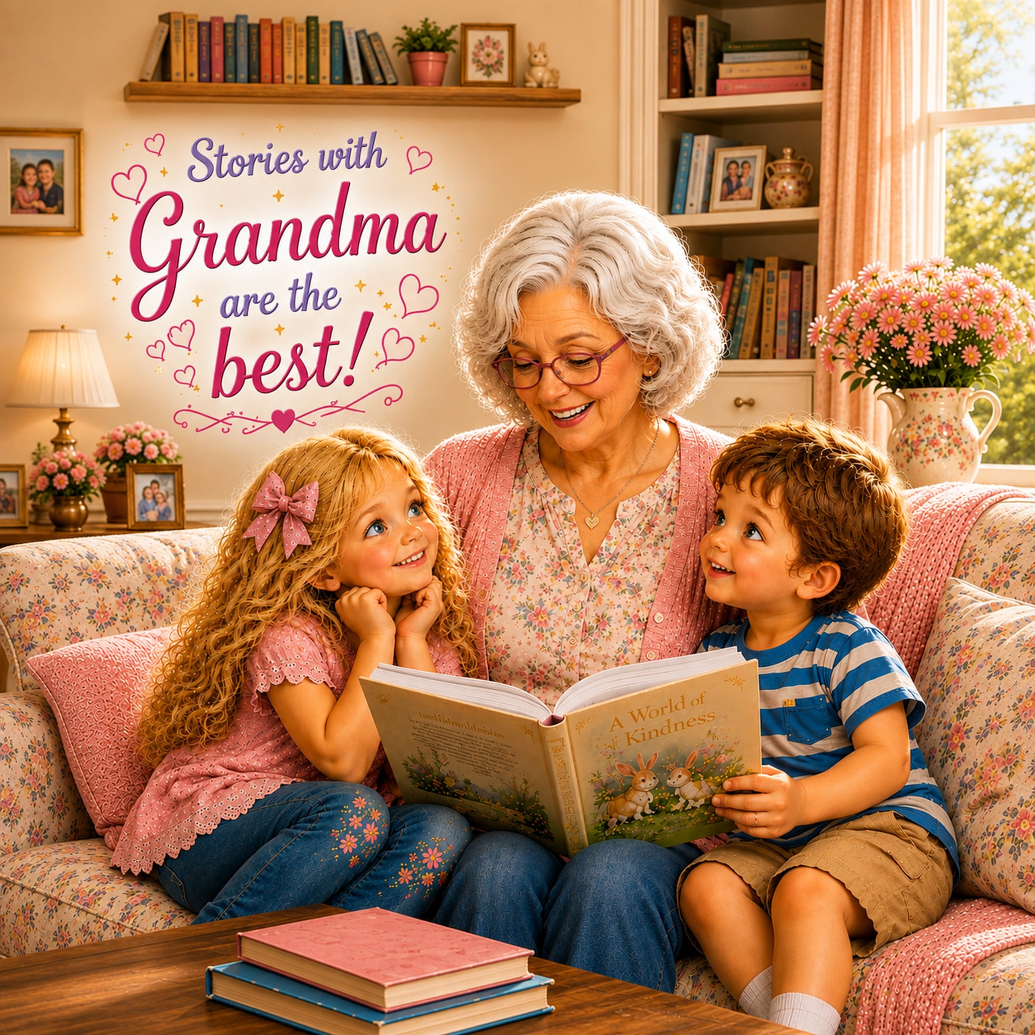 A Sweeties book page with a grandmother reading with Charlotte and Lucas