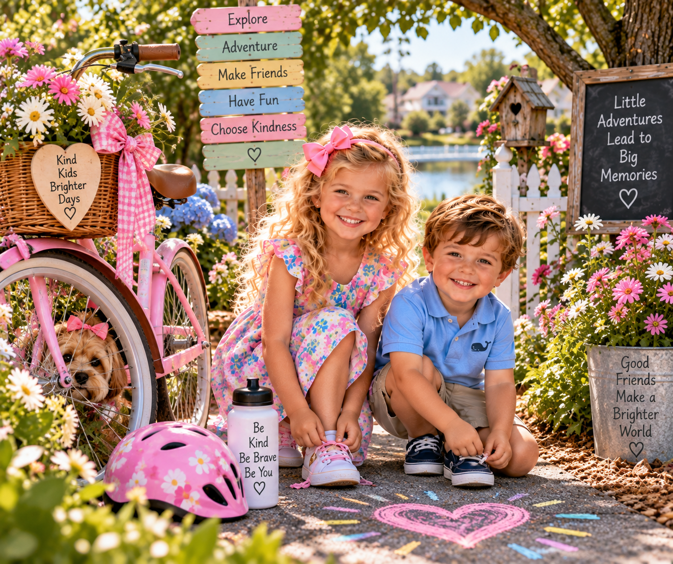 Charlotte and Lucas beside a pink bicycle, with Bentley peeking out through the spokes of the left wheel.