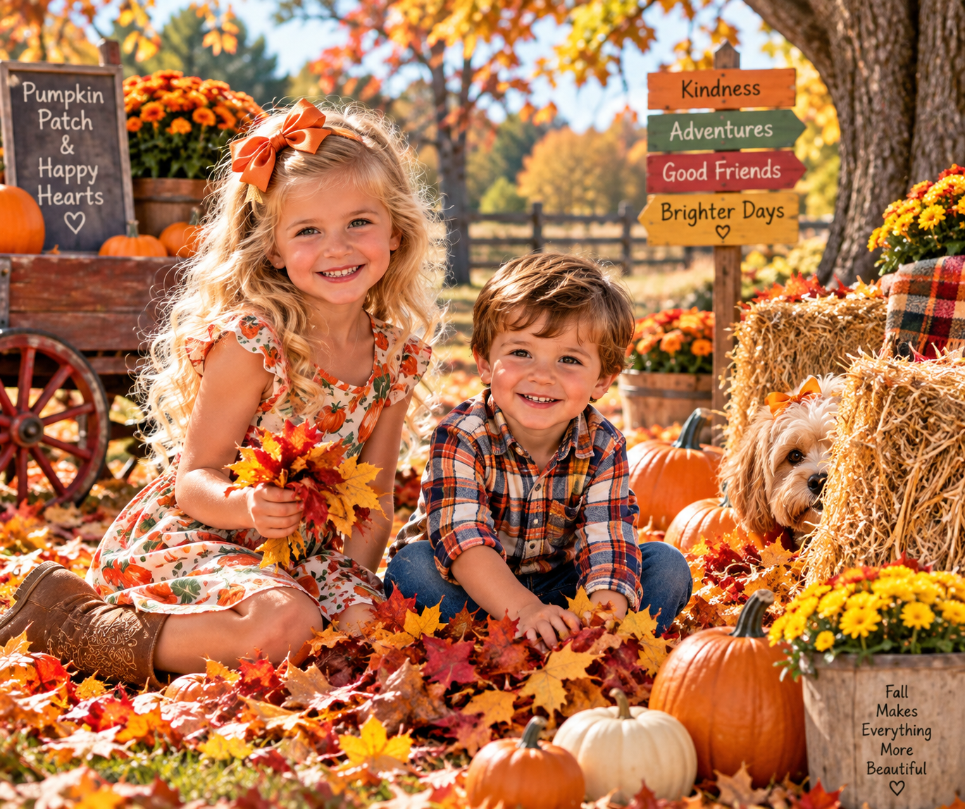 Charlotte and Lucas at a pumpkin patch, with Bentley peeking out from behind a hay bale.