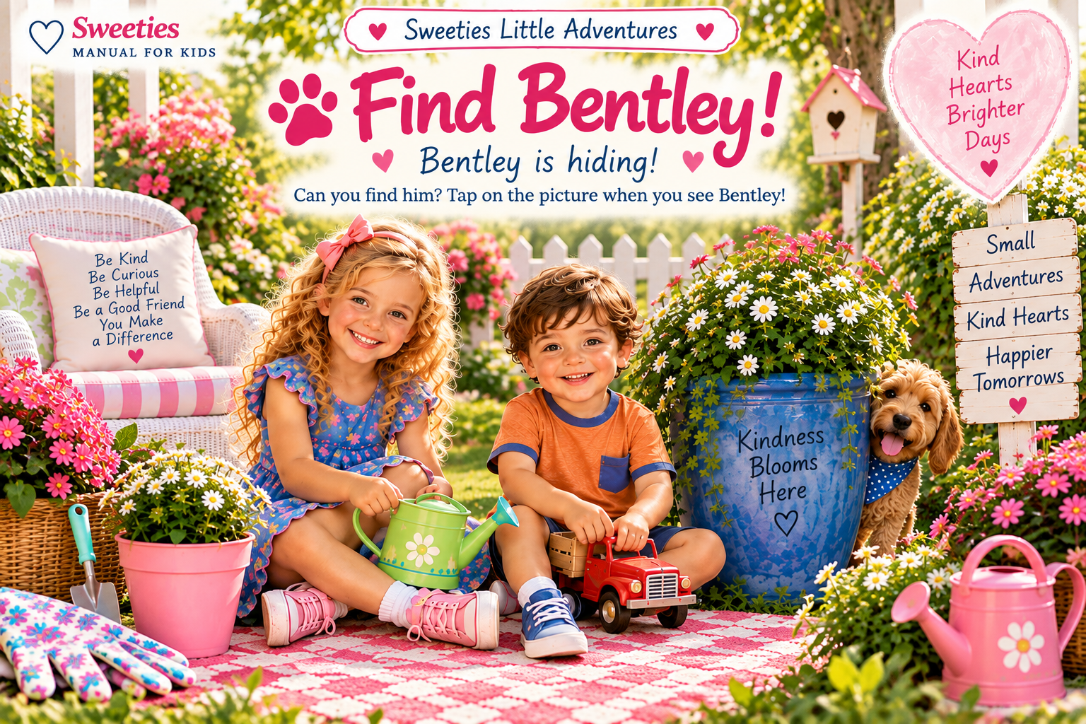 Charlotte and Lucas in a flower-filled garden, with Bentley hiding beside a blue planter.