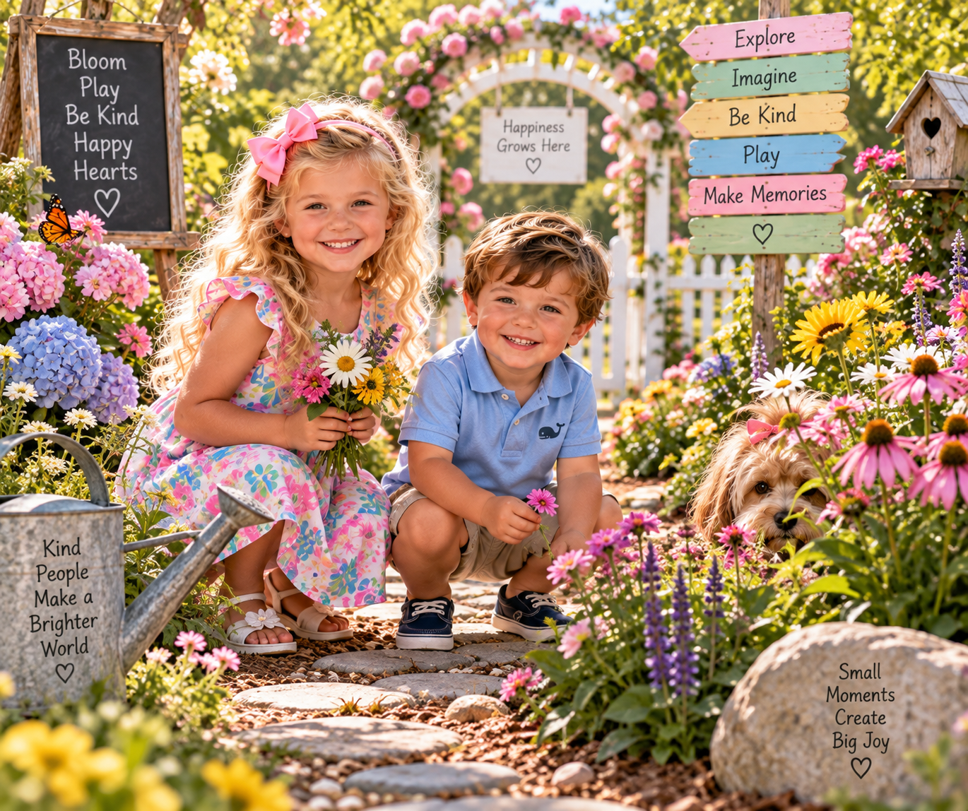Charlotte and Lucas in a colorful flower garden, with Bentley peeking out from among the flowers on the right.