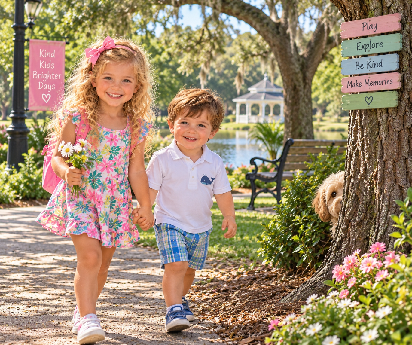 Charlotte and Lucas walking in the park, with Bentley peeking out from behind a large oak tree.