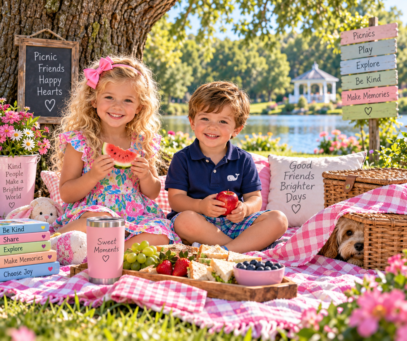 Charlotte and Lucas having a picnic in the park, with Bentley peeking out from behind a wicker picnic basket.