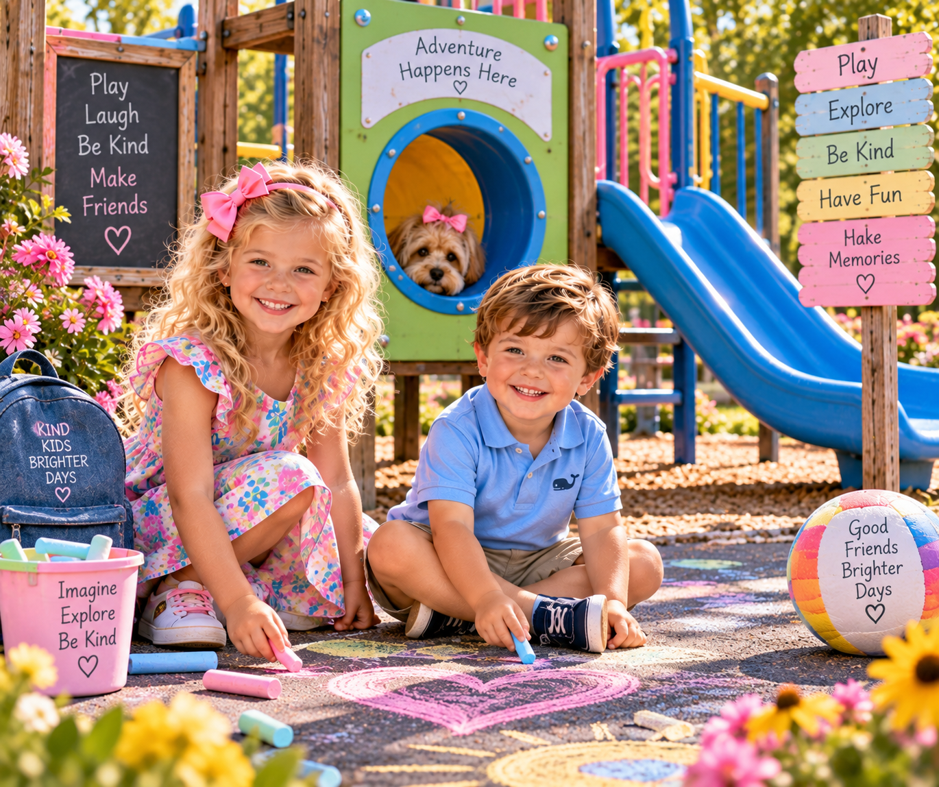 Charlotte and Lucas at a colorful playground, with Bentley peeking out from the center play tunnel.