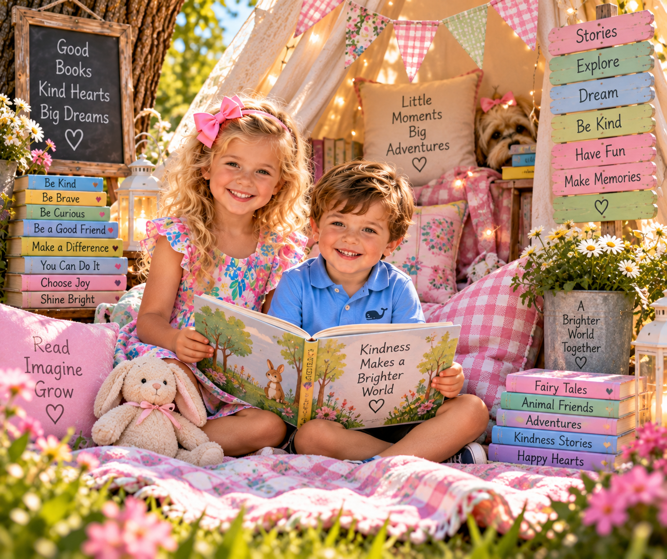 Charlotte and Lucas reading in a cozy outdoor tent, with Bentley peeking out from the upper center-right of the tent.