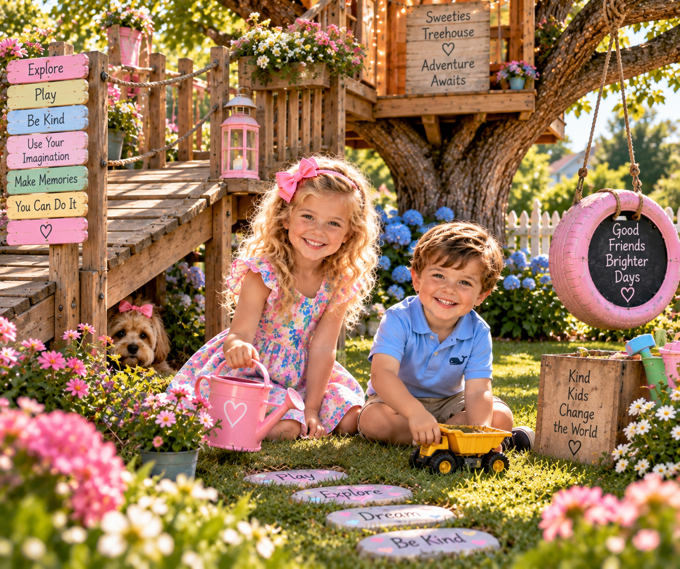 Charlotte and Lucas in a sunny treehouse backyard, with Bentley peeking out beneath the left wooden walkway.