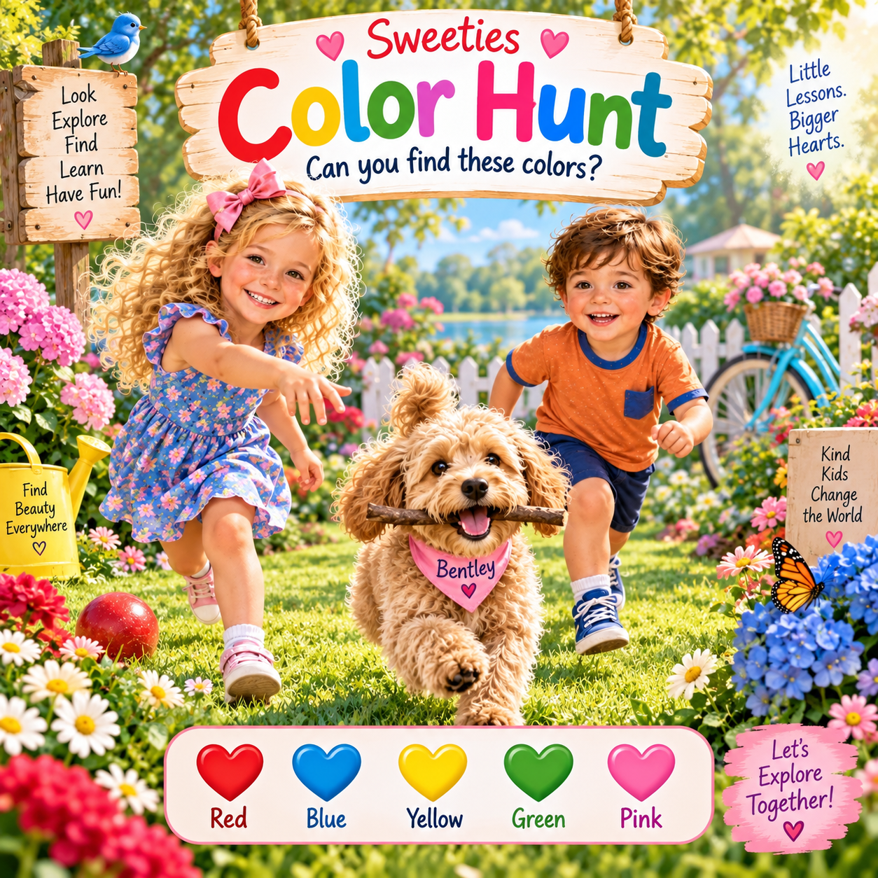 Charlotte, Lucas and Bentley playing in a sunny garden filled with colorful things to find