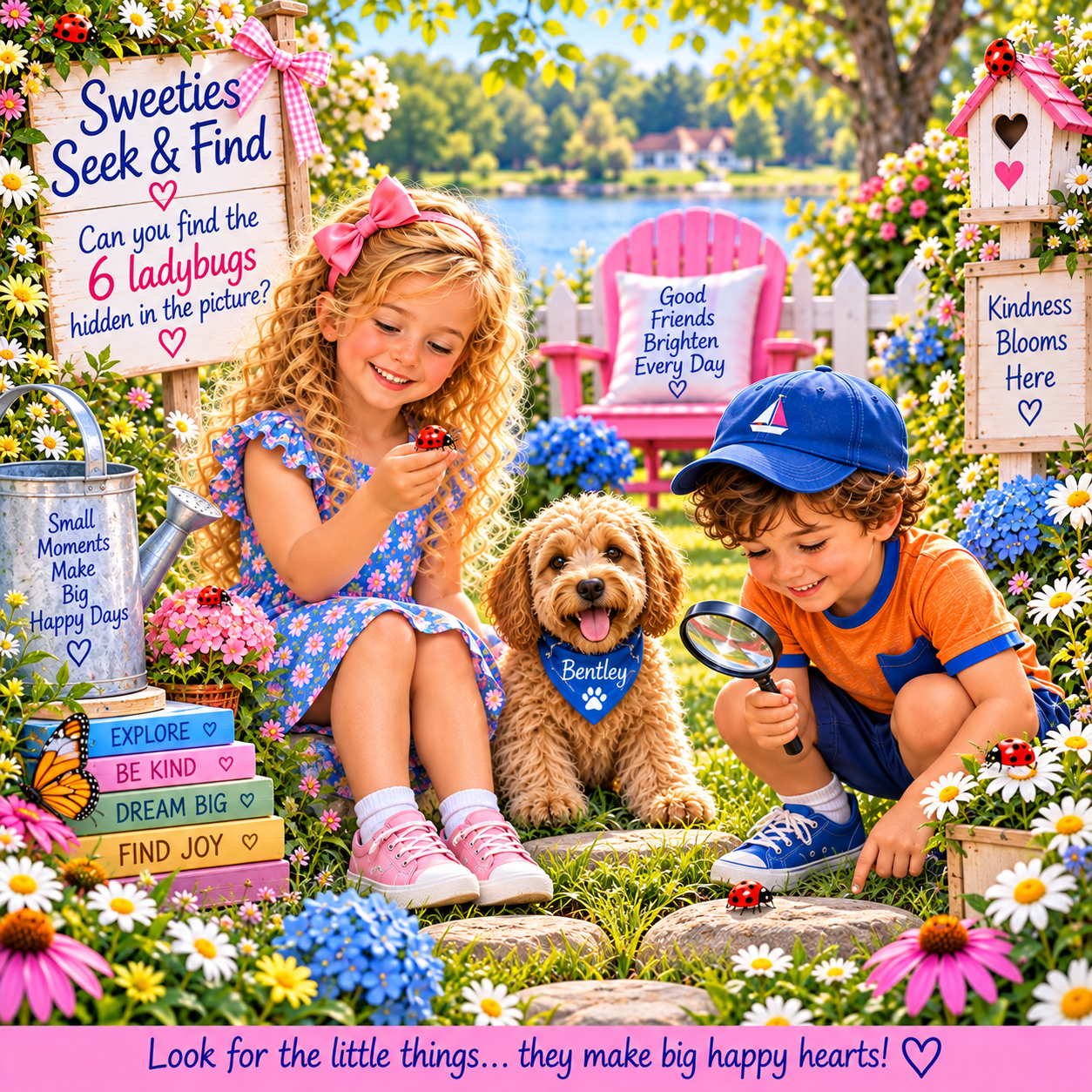 Charlotte, Lucas, and Bentley in a flower-filled garden with six ladybugs to find