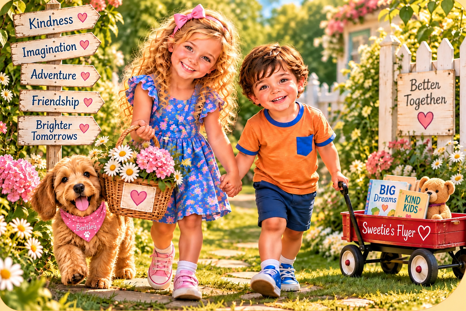 Charlotte and Lucas walking through the garden with Bentley and their little red wagon