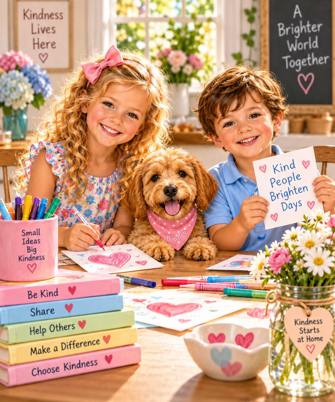 Charlotte, Lucas and Bentley making kindness notes together