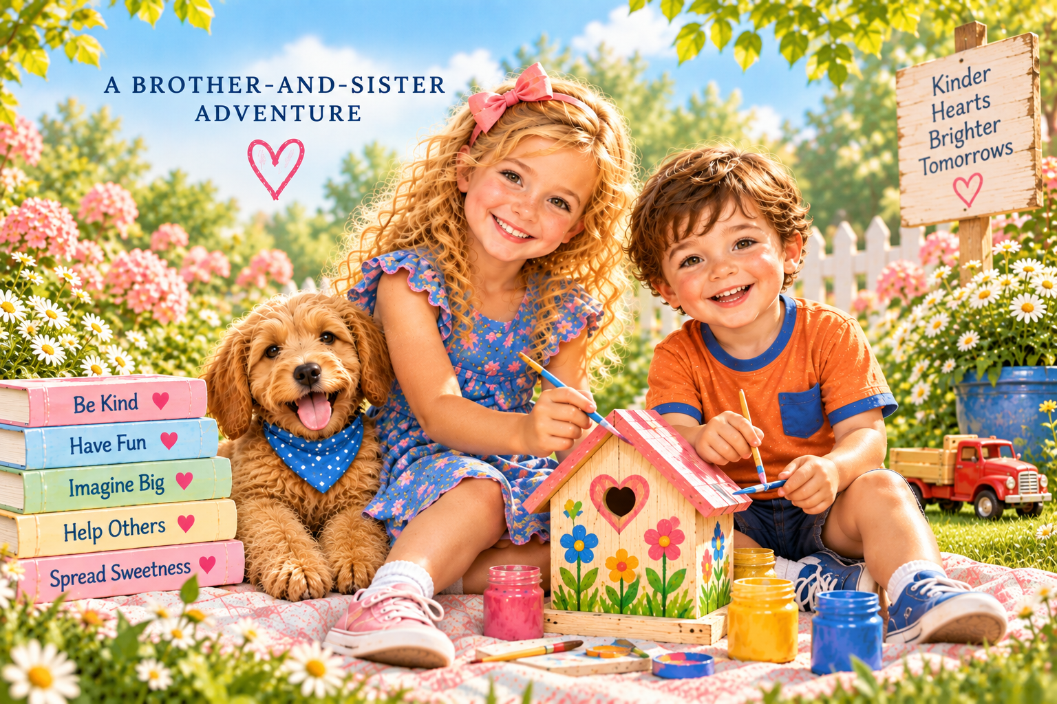 Charlotte and Lucas painting a birdhouse with Bentley in the garden