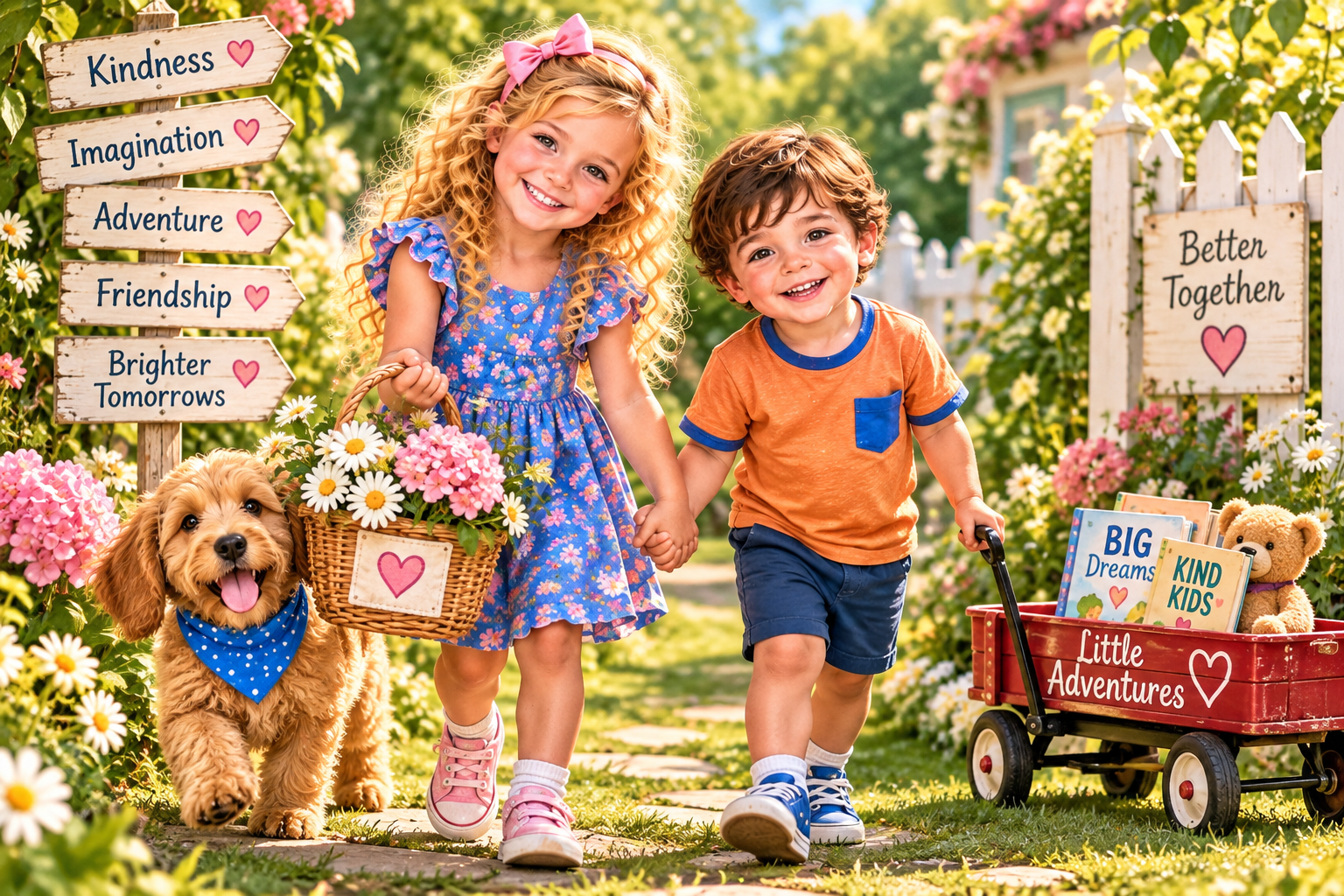 Charlotte and Lucas walking through the garden with Bentley and their little red wagon