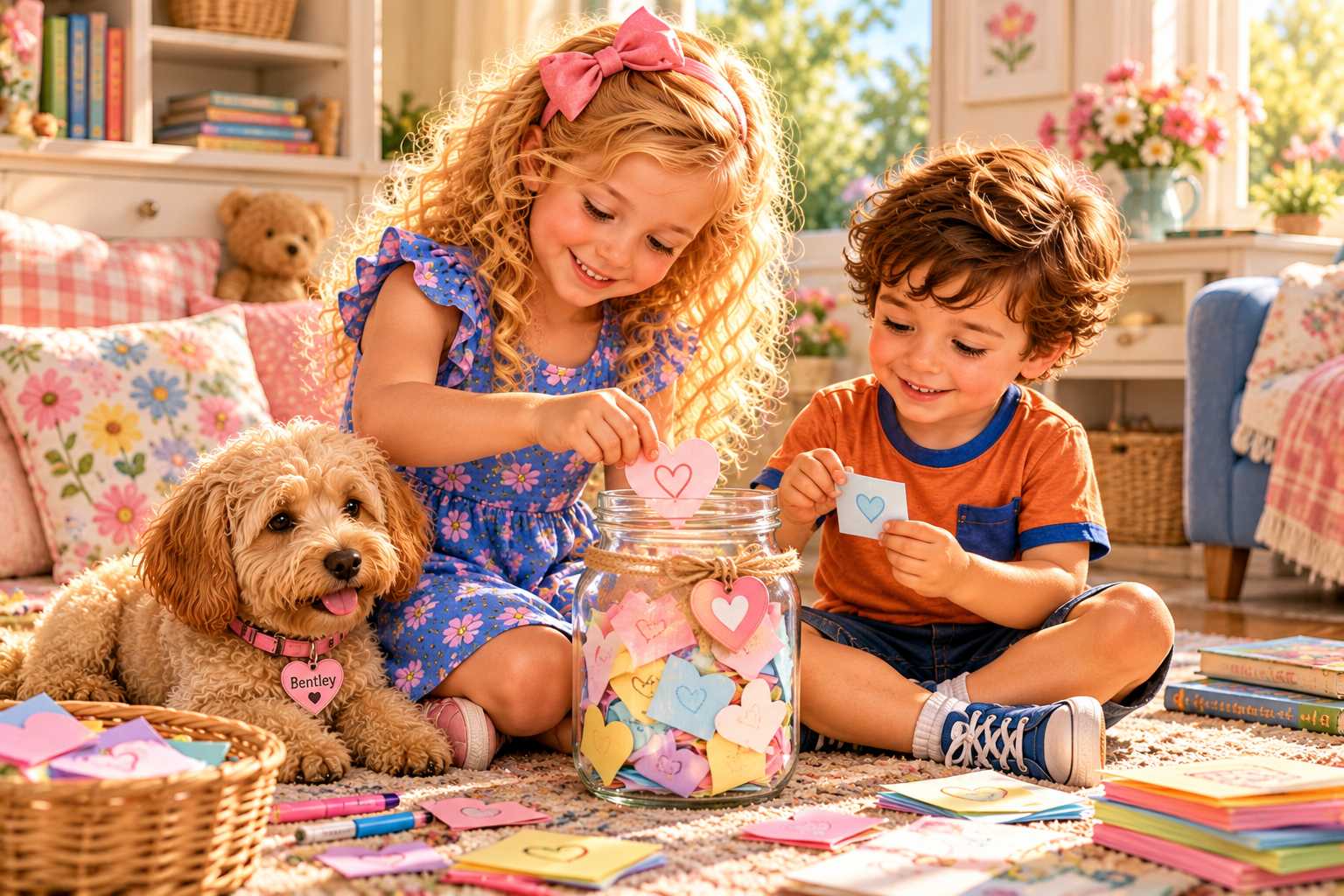 Charlotte and Lucas adding kind notes to a jar with Bentley nearby