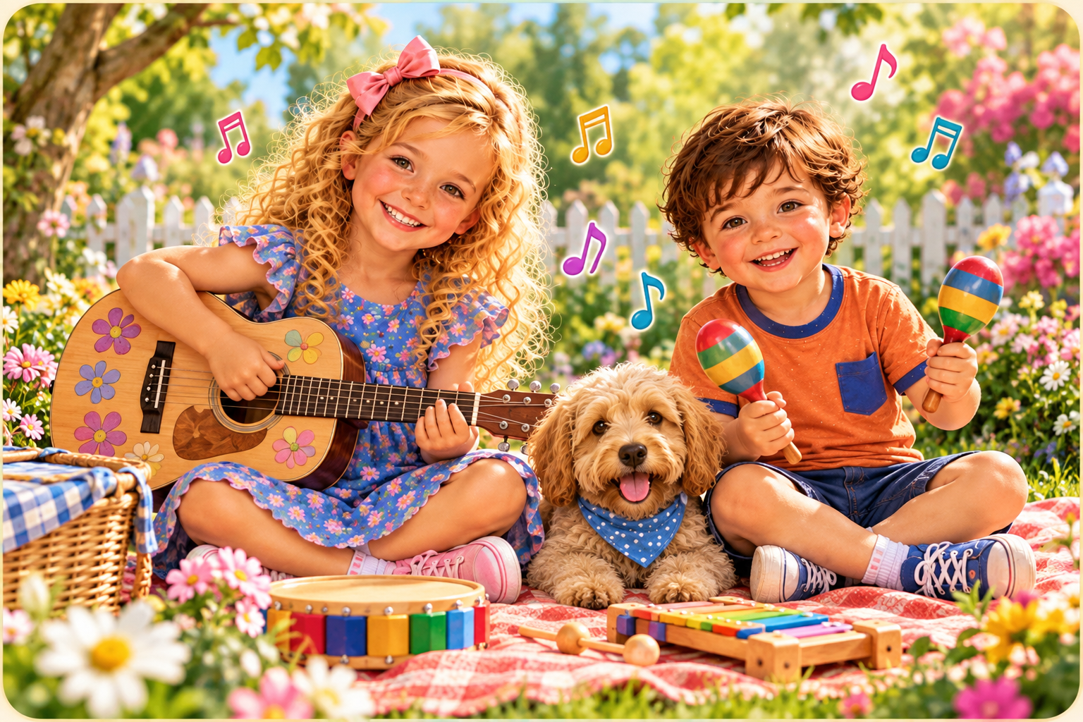 Charlotte, Lucas and Bentley enjoying music together outdoors