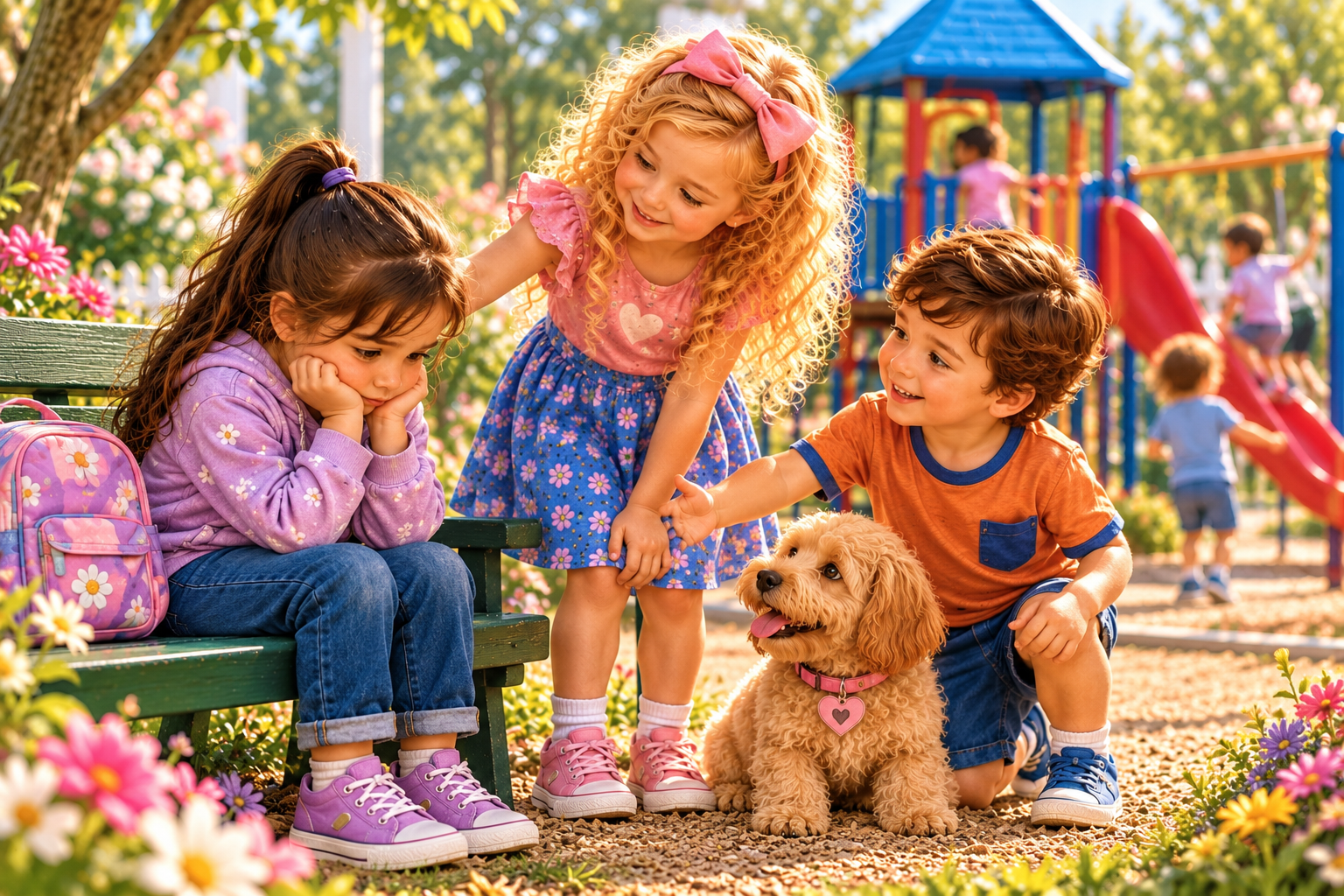 Charlotte and Lucas welcoming a girl who needs a friend, with Bentley nearby