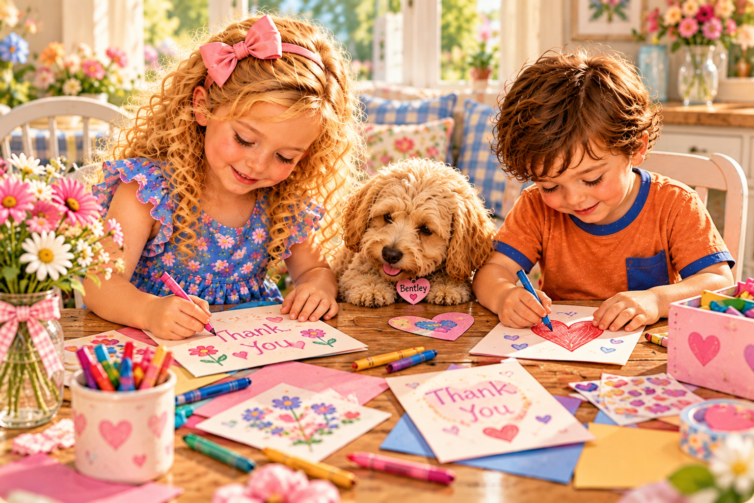 Charlotte and Lucas making thank-you cards with Bentley nearby