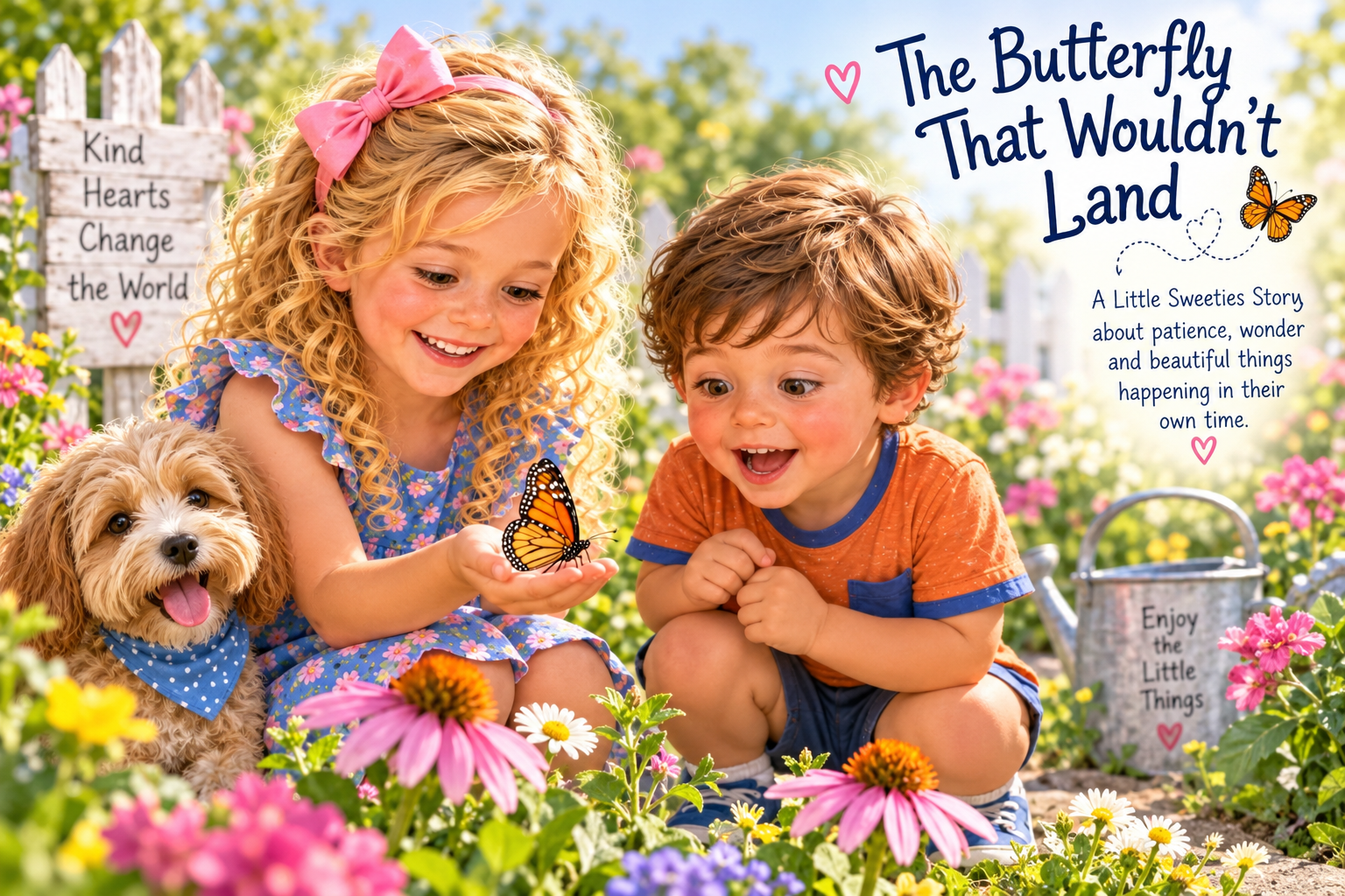 Story cover showing Charlotte, Lucas and Bentley in a flower-filled garden with a butterfly.