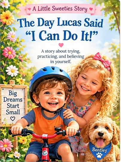 Lucas learns to ride his little bicycle with Charlotte and Bentley beside him.