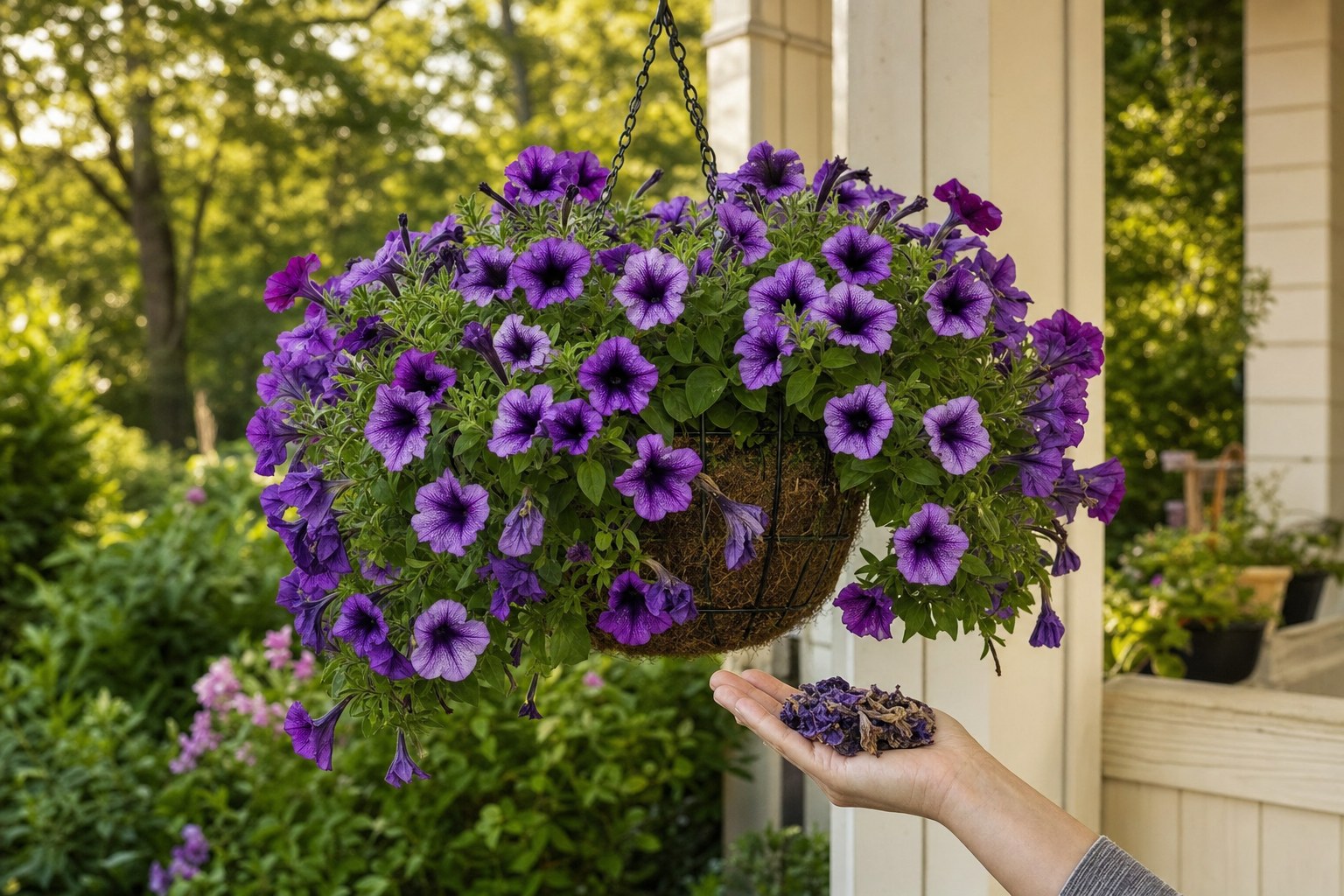 A full hanging basket of purple petunias after a cleanup on a summer porch