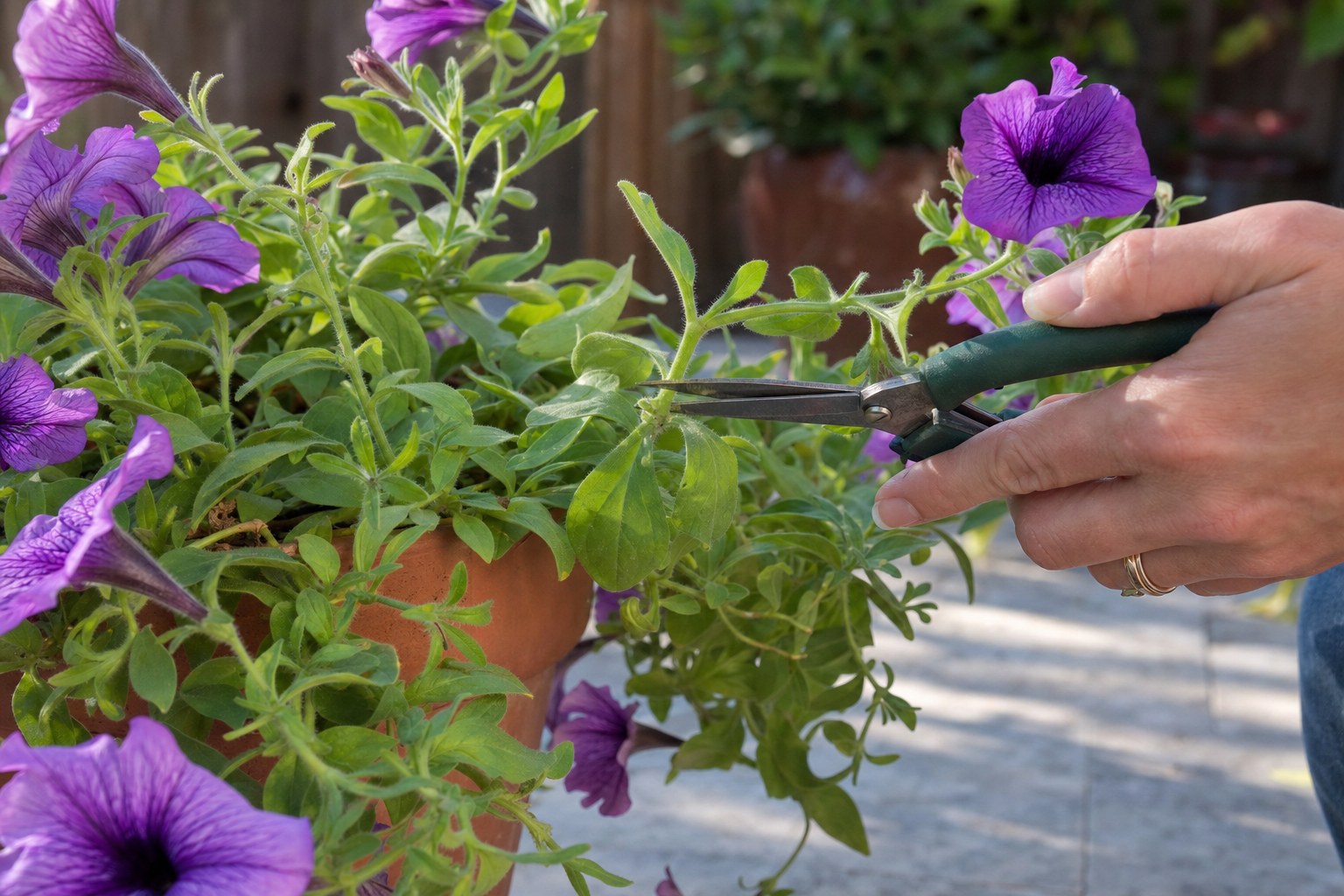 Garden snips trimming a long petunia stem above a leafy side branch in a terracotta pot