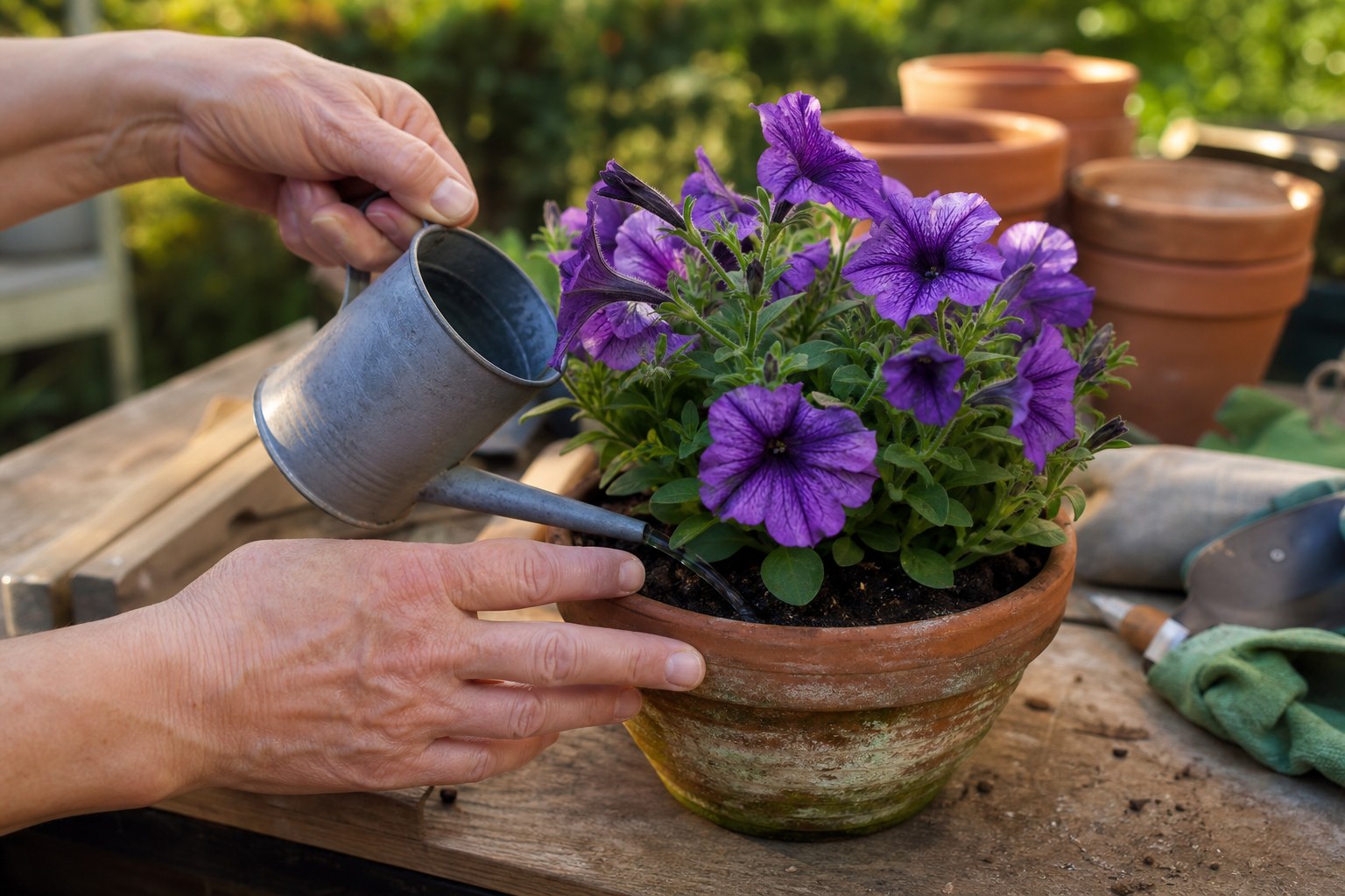 A gardener watering a flowering petunia container at the soil line on a potting bench