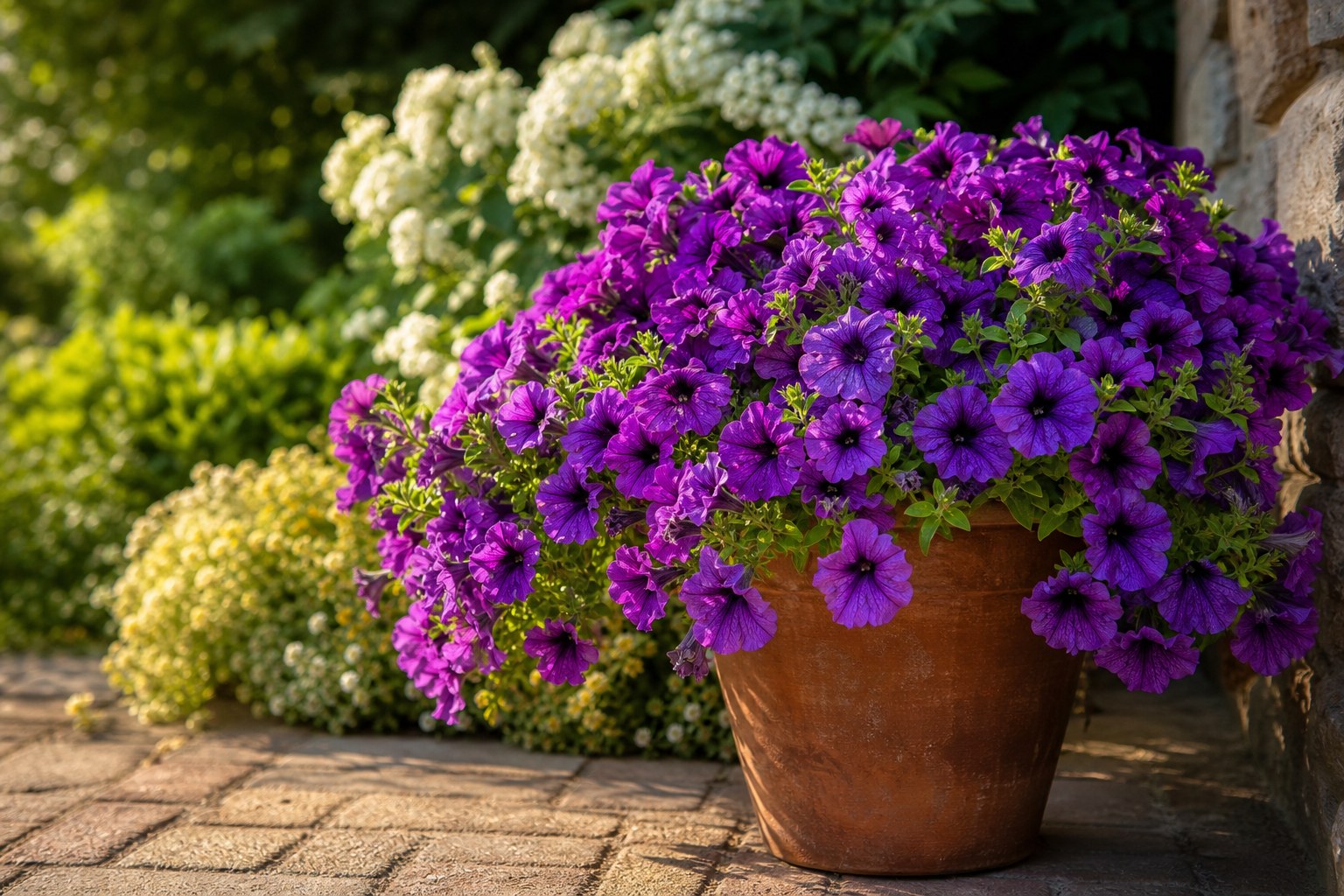 A terracotta pot overflowing with healthy purple petunias in summer bloom
