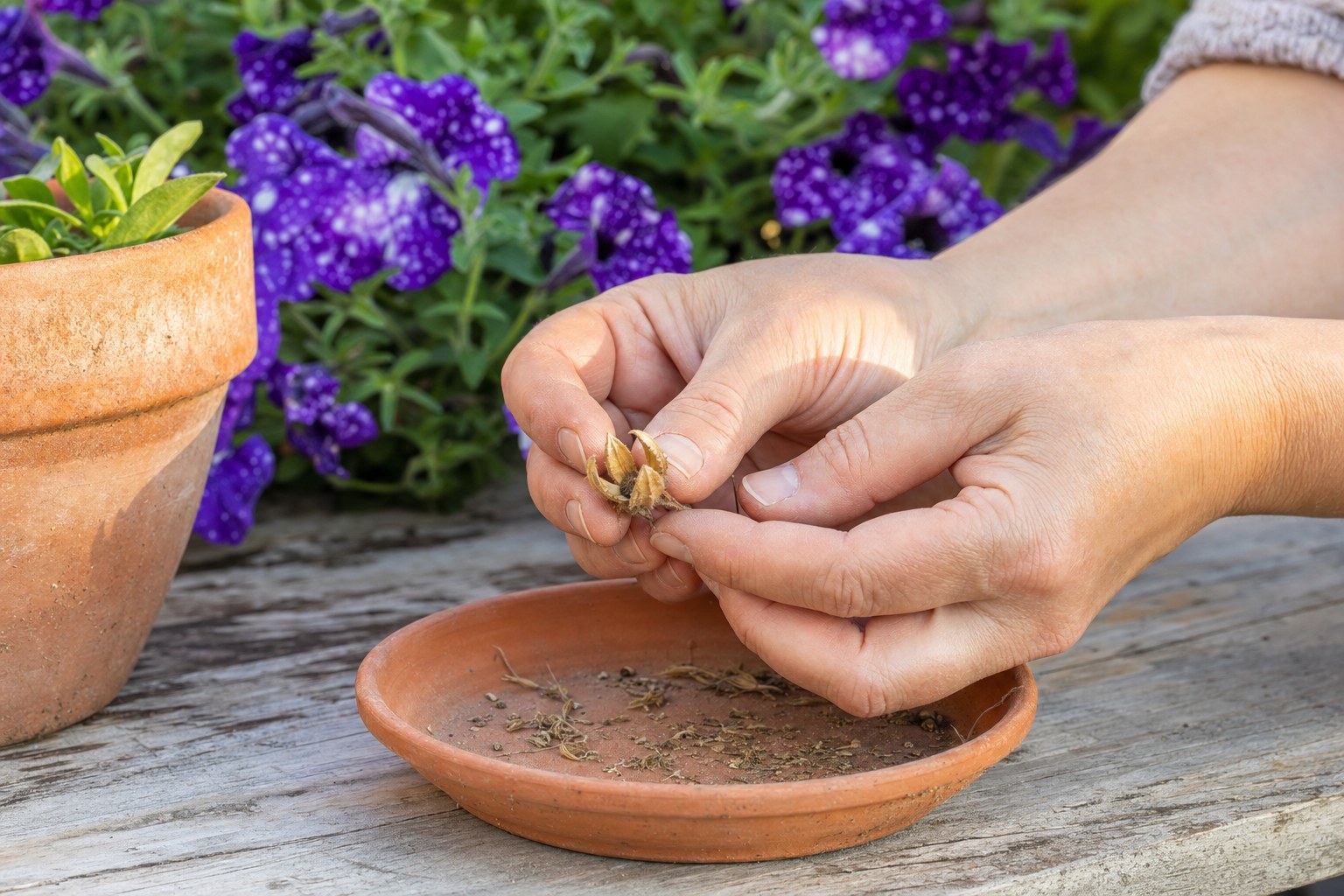 Hands opening dry petunia seed capsules over a terracotta dish