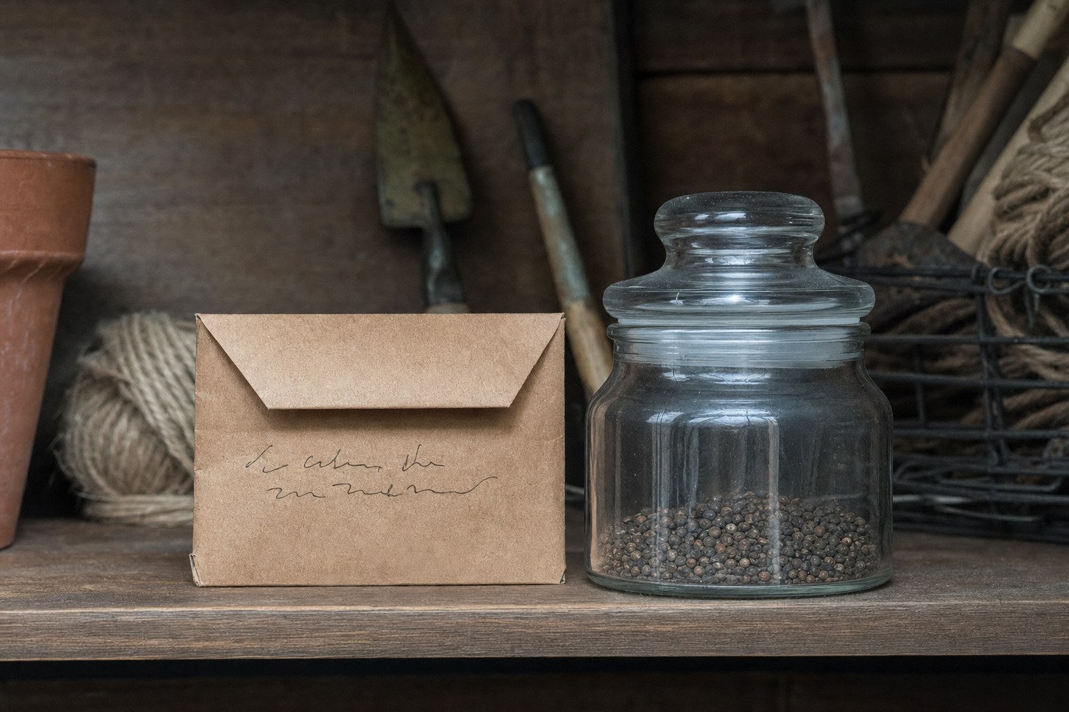 A paper seed envelope and glass jar used for storing saved petunia seeds