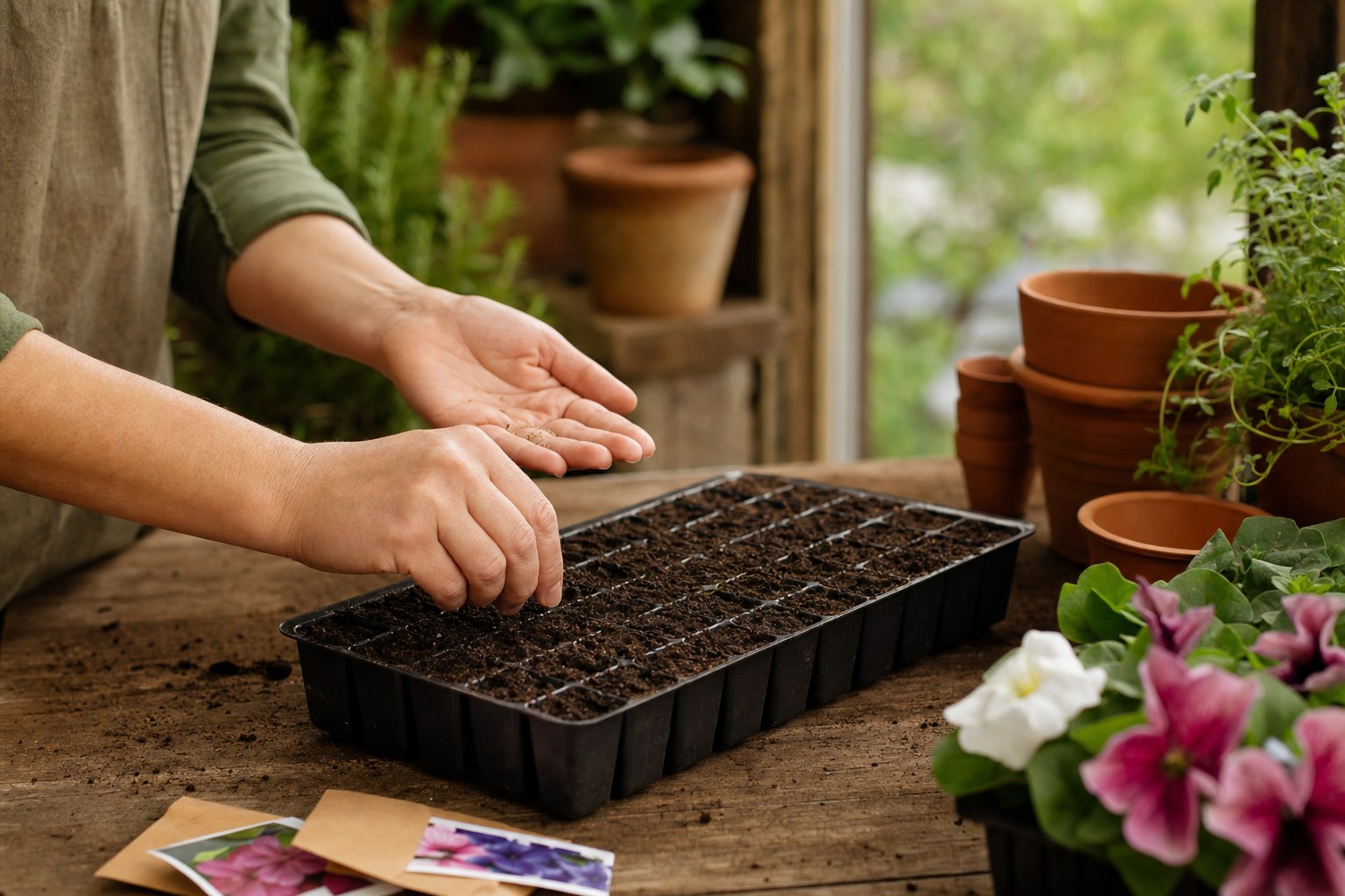 Hands gently sowing petunia seeds into a cell tray on a wooden potting bench