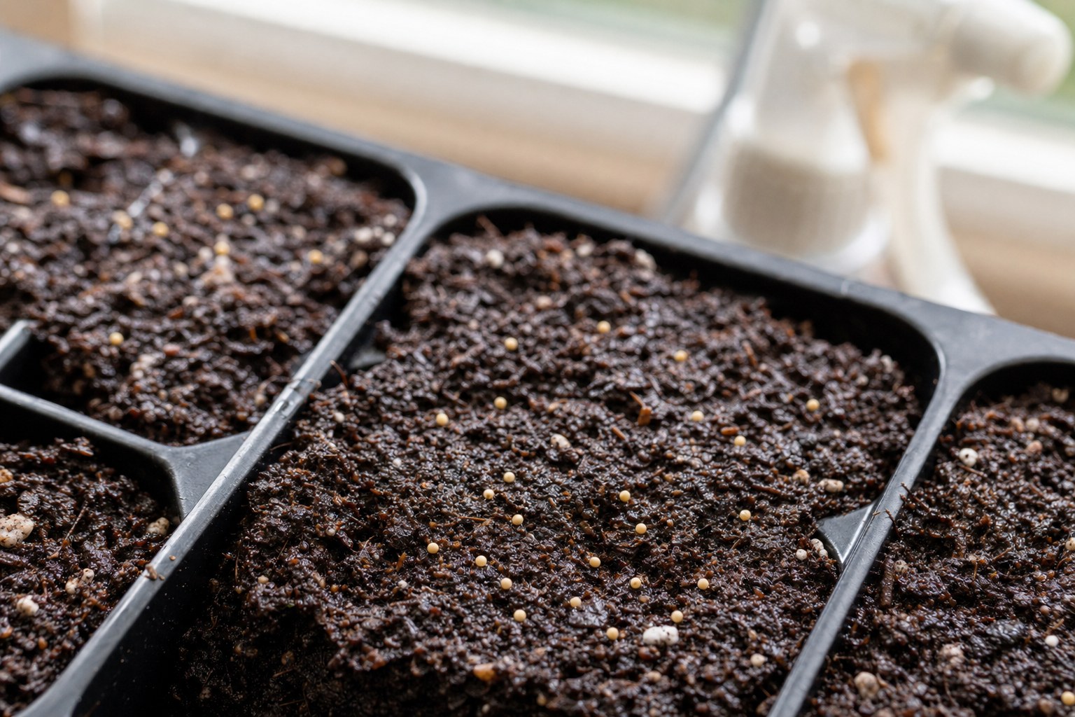 Tiny petunia seeds resting on the surface of moist seed-starting mix