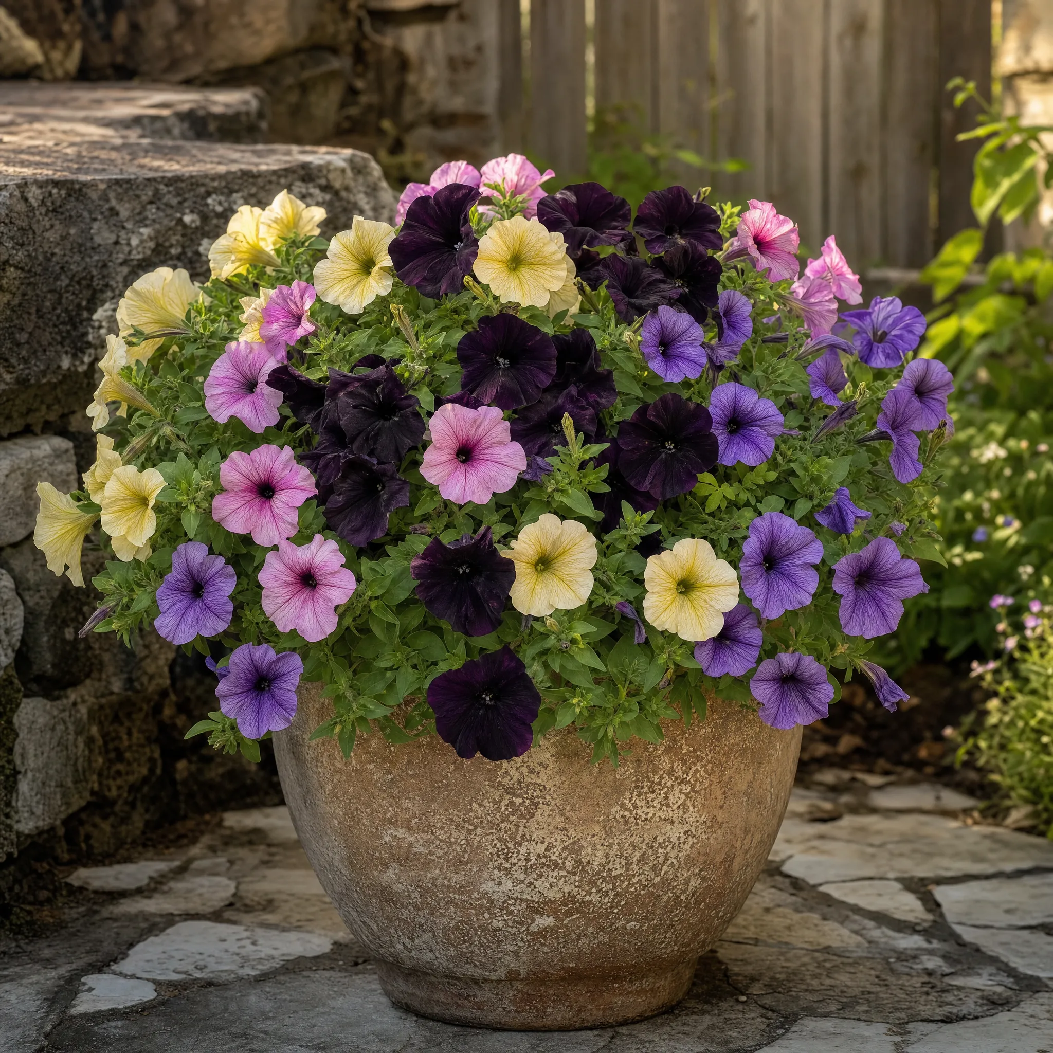 Illustrative container overflowing with petunias