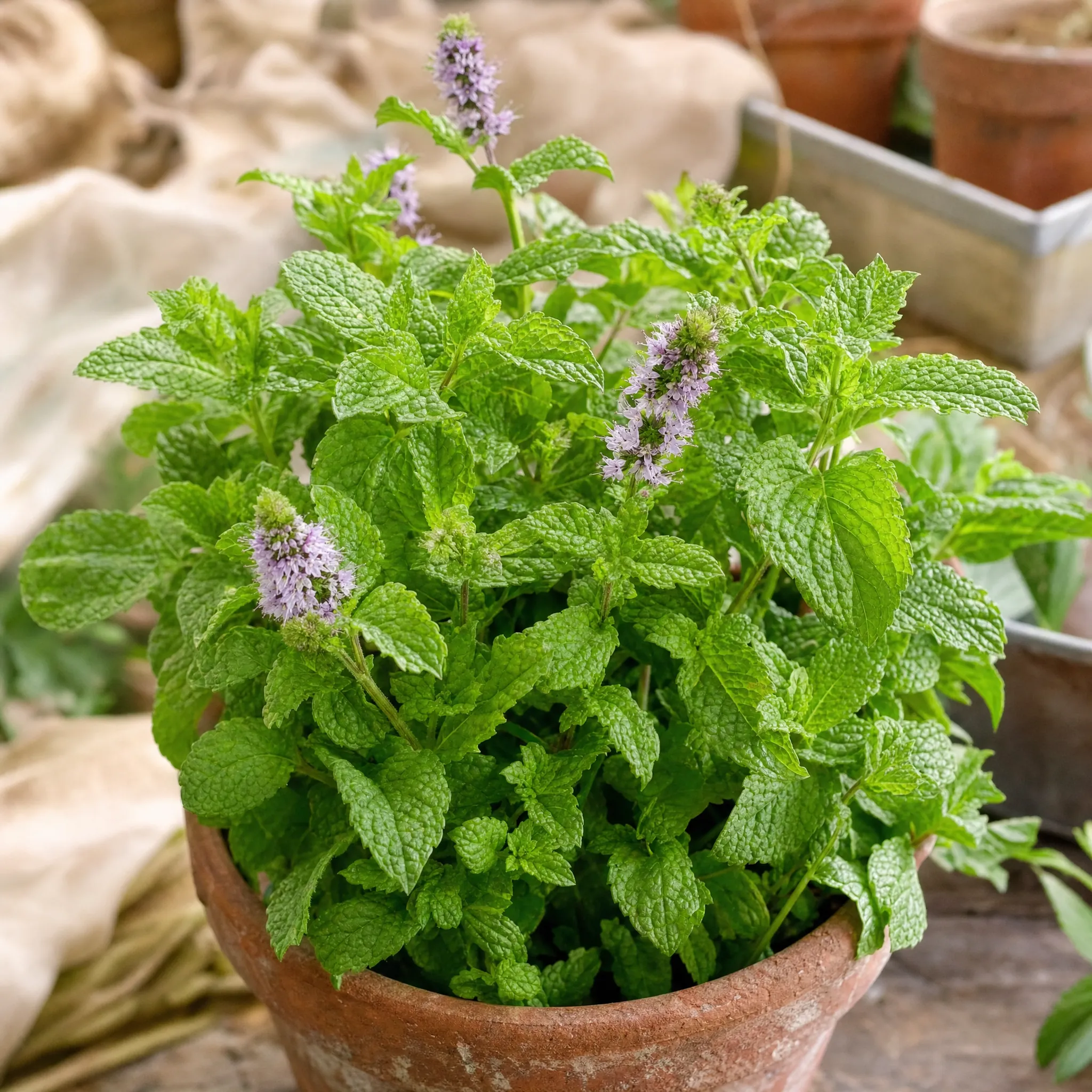 Illustrative flowering mint in a terracotta pot