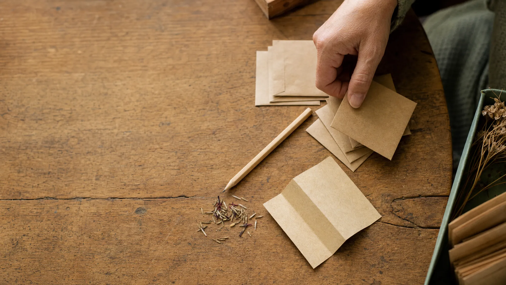 Illustrative seed packets being carefully packed on a wooden worktable
