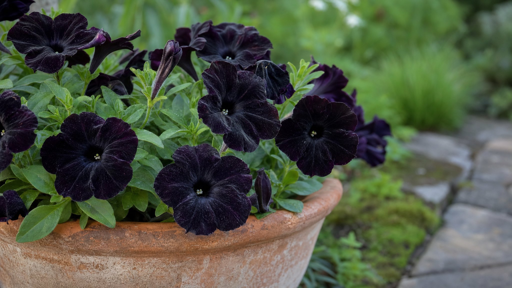 Illustrative near-black petunias growing in a terracotta patio pot
