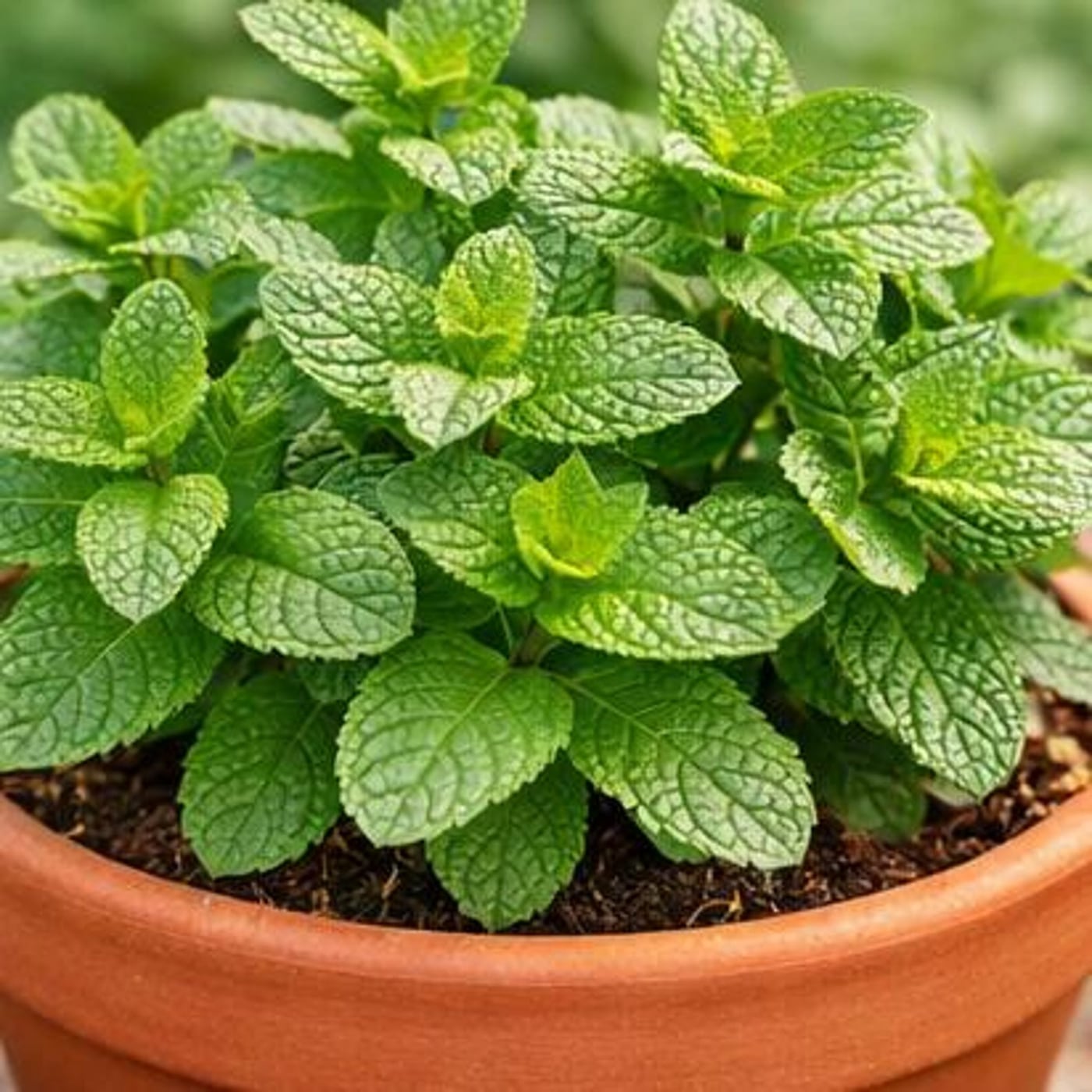Mojito mint growing in a terracotta pot on a sunny porch