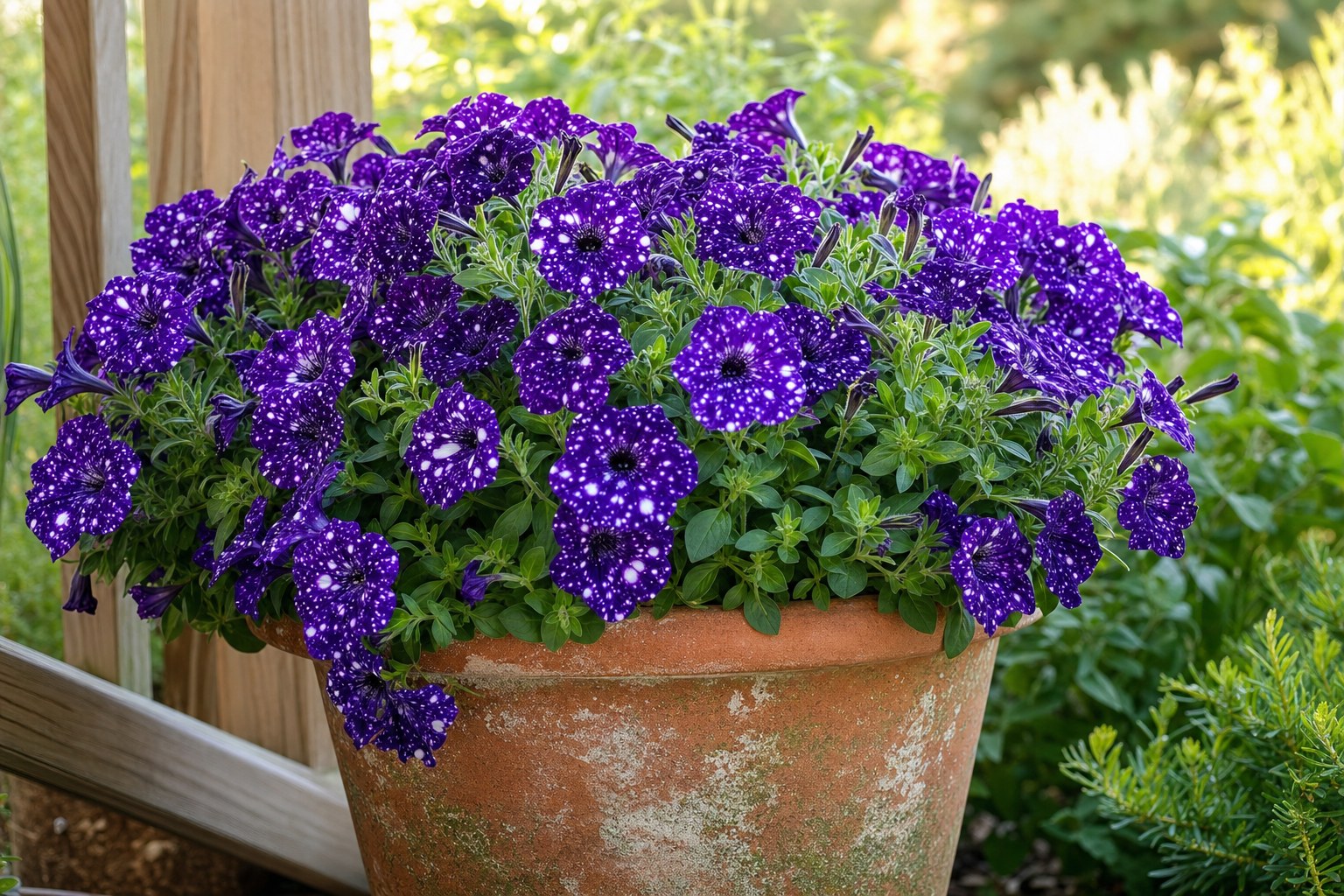 Illustrative purple Night Sky petunias with white speckles in a weathered terracotta pot