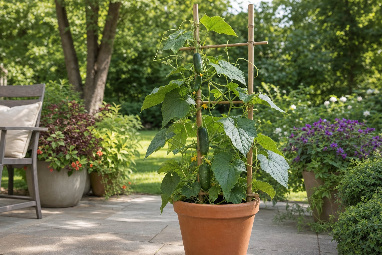Compact cucumber vine climbing a bamboo trellis in a terracotta patio container