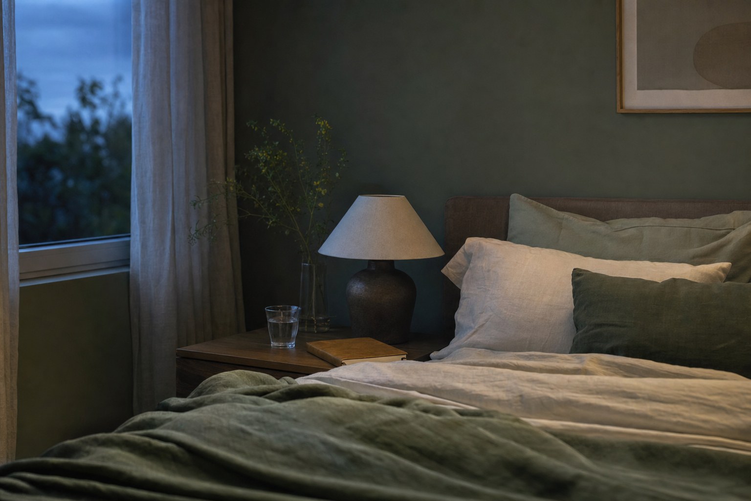 A calm bedroom with a bedside lamp, linen blanket, and glass of water